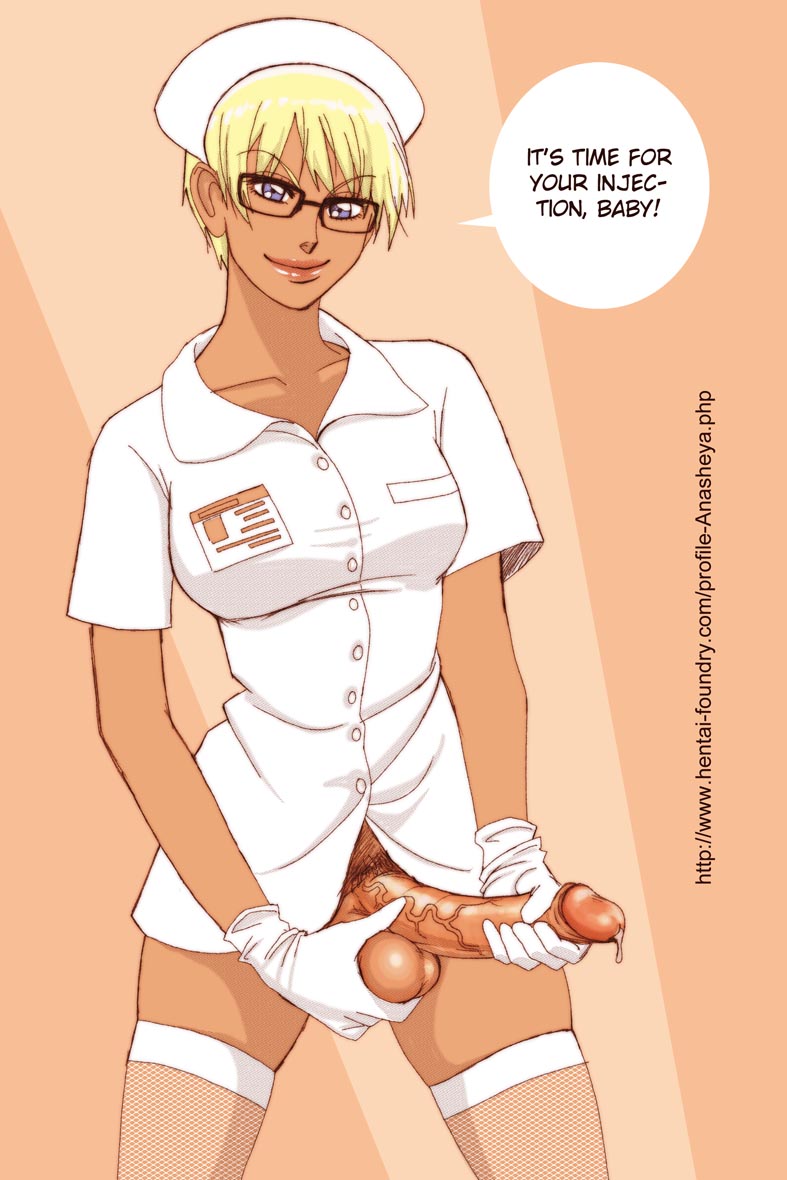 1futa, anasheya, balls, blonde hair, blue eyes, dickgirl, doctor, futa only, futadom, futanari, glasses, gloves, hairy, intersex, looking at viewer, nurse, penis, precum, short hair, smile, solo, solo futa, talking to viewer, testicles, text, veins