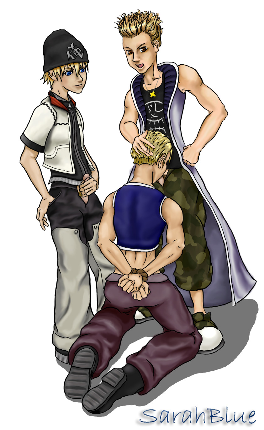 3boys bondage disney final_fantasy final_fantasy_viii gay hayner highres human kingdom_hearts male male_only multiple_males oral penis rope roxas seifer_almasy square_enix yaoi