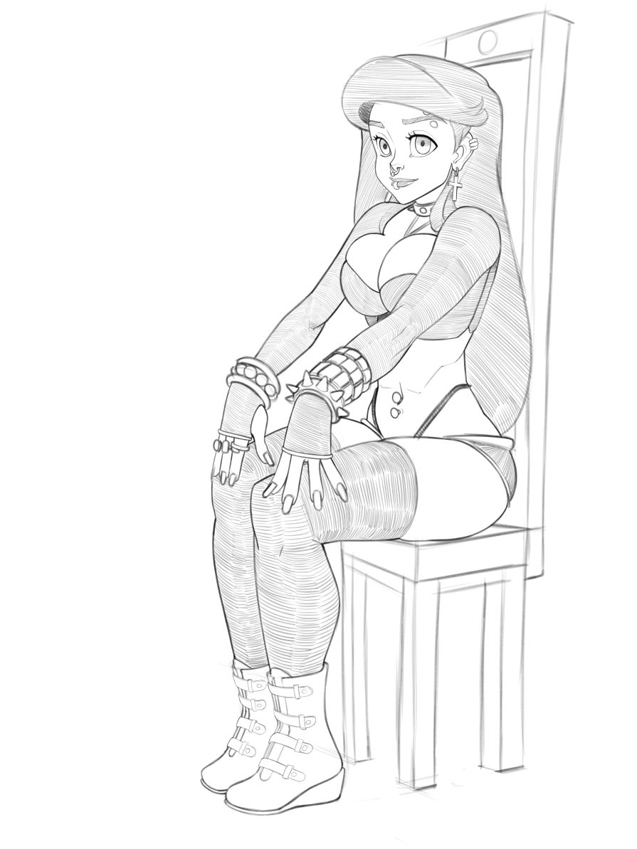 ariel, arm sleeves, athletic, big breasts, breasts, busty, cleavage, cross earrings, disney, disney princess, ear piercing, earrings, eyebrow piercing, female, female focus, female only, hourglass figure, human, lip piercing, long fingernails, long hair, monochrome, navel, nose piercing, onemienix, piercing, pinup, pose, posing, sitting, sketch, solo, tagme, the little mermaid, thighhighs, toned, toned female