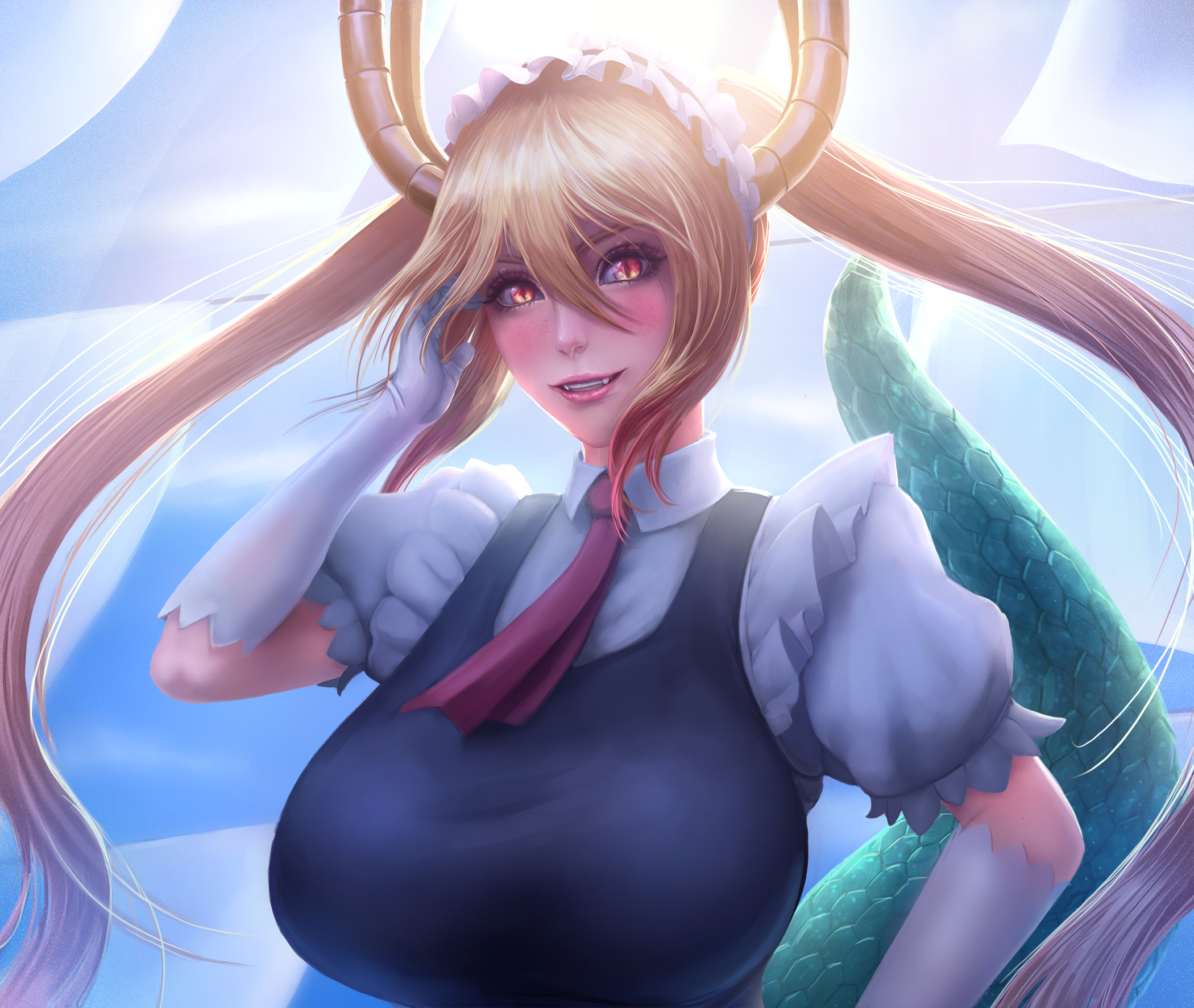 big breasts, blonde hair, breasts, dragon girl, female, female only, high resolution, highres, horns, limgae, miss kobayashi's dragon maid, smile, tohru (dragon maid), twintails, yellow eyes