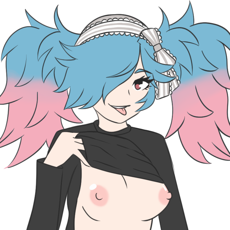 black_shirt blue_hair female fire_emblem fire_emblem_fates fire_emblem_heroes flameckl hair hair_over_one_eye medium_breasts medium_hair multicolored_hair nipples peri_(fire_emblem) pink_hair red_eye red_eyes ribbon shirt_lift solo striptease teasing tongue tongue_out twintails