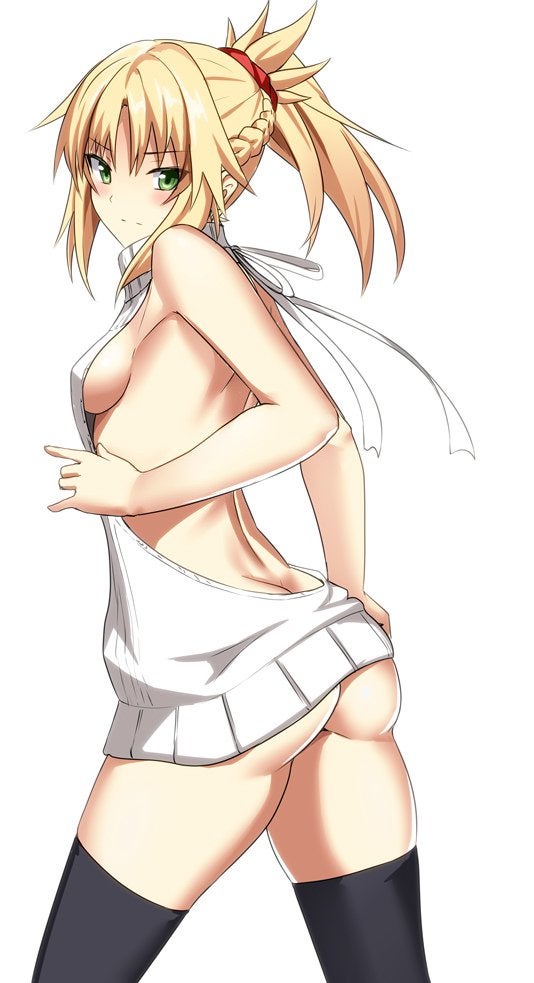1girls, ass, blonde hair, breasts, fate (series), fate/apocrypha, female, female only, medium breasts, mordred (fate), ponytail, shorts, solo, virgin killer sweater