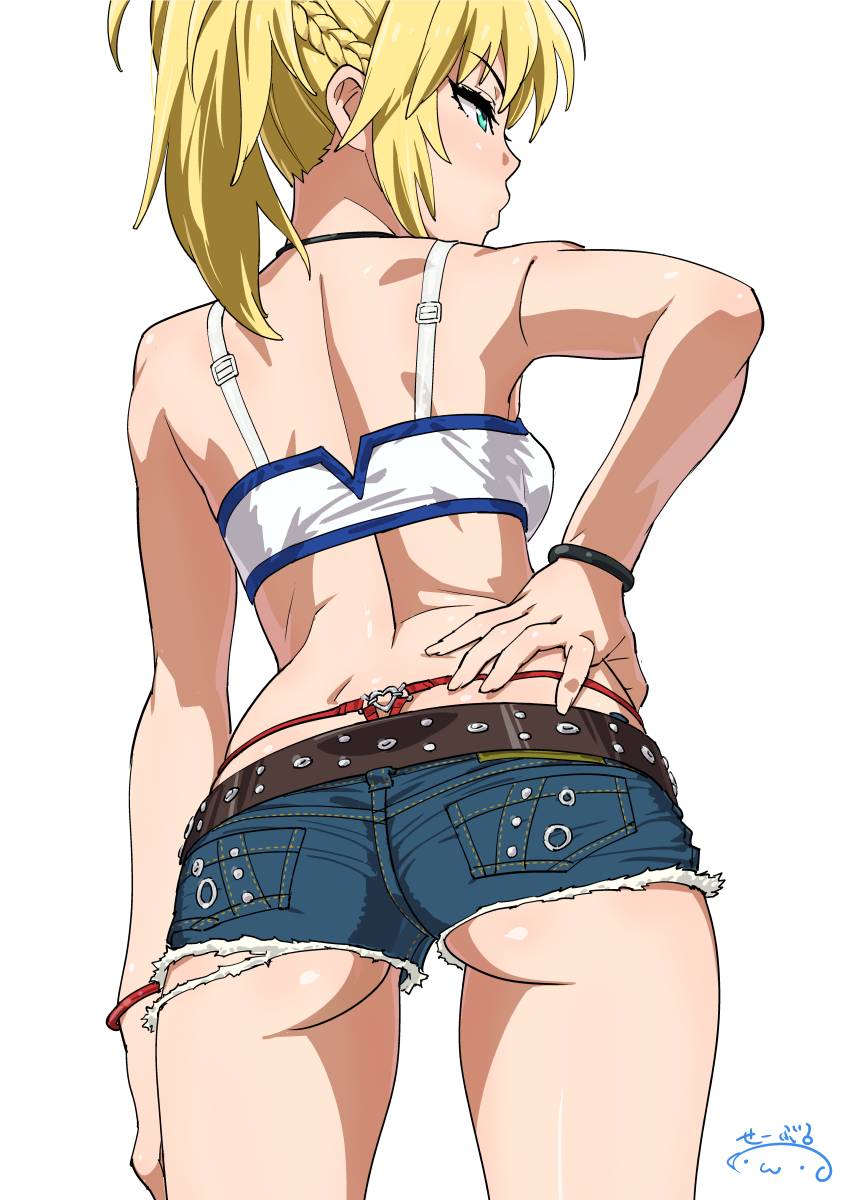 1girls aqua_eyes ass bangle bangs bare_shoulders belt blonde_hair booty_shorts bracelet braid breasts cowboy_shot crop_top cutoffs denim denim_shorts eyebrows_visible_through_hair fate/apocrypha fate_(series) female female_ass french_braid from_behind g-string gluteal_fold green_eyes hand_on_hip heart high_ponytail highres jewelry looking_away looking_to_the_side medium_breasts midriff mordred_(fate) mordred_(fate)_(all) panties ponytail red_g-string red_panties red_thong revision short_shorts shorts solo standing suna tank_top thong thong_above_shorts thong_straps underwear whale_tail white_tank_top