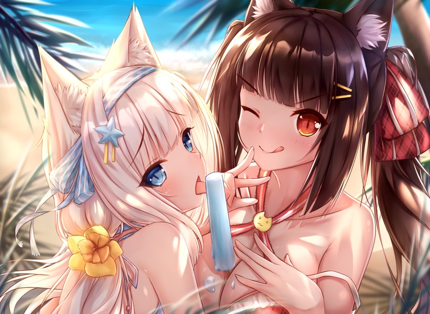 2girls, beach, black hair, blue eyes, breasts, cat ears, cat girl, catgirl, chocola (sayori), female, female only, jiang xin, looking at viewer, multiple females, multiple girls, nekopara, popsicle, popsicle between breasts, red eyes, seductive, seductive look, seductive smile, smile, vanilla (sayori), white hair, winking, winking at viewer