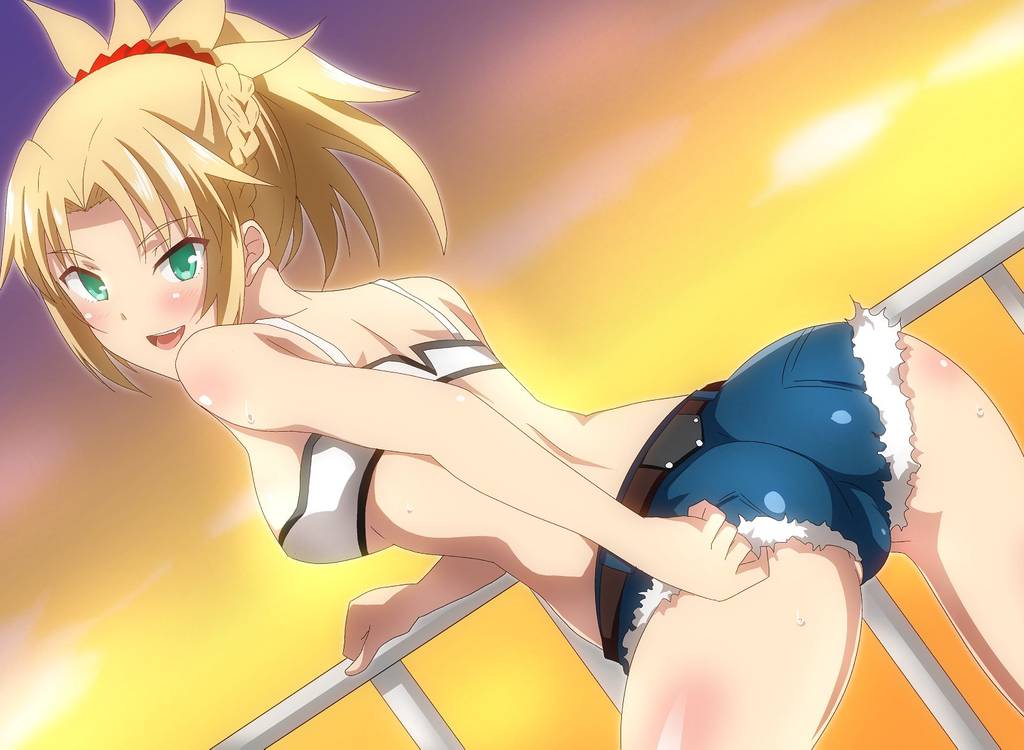 1girls, ass, blonde hair, breasts, fate (series), fate/apocrypha, female, female only, hara (harayutaka), hera (hara0742), medium breasts, mordred (fate), ponytail, shorts, solo