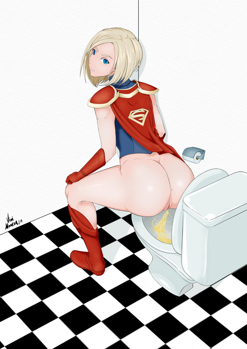 1girls big_ass big_butt blonde_hair blue_eyes bottomless clothing dc dc_comics injustice injustice_2 kara_zor-el peeing squat_toilet squatting supergirl superheroine toilet toilet_use urination urine vivi_monsta watersports