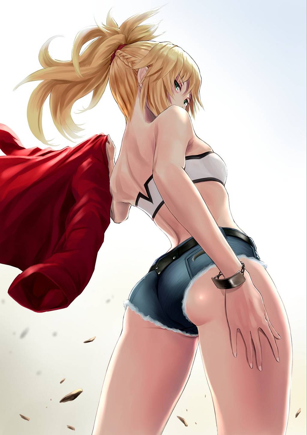 1girls, ass, blonde hair, booty shorts, denim, denim shorts, fate (series), fate/apocrypha, female, female only, mordred (fate), ponytail, solo