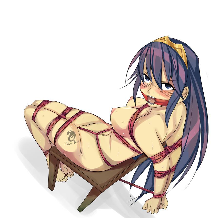 angry arms_behind_back bdsm blue_eyes blue_hair blush bondage breasts chair chair_bondage dragon-burst female femsub fire_emblem fire_emblem_awakening gag gagged lucina_(fire_emblem) nude open_mouth_gag ring_gag rope rope_bondage rope_harness