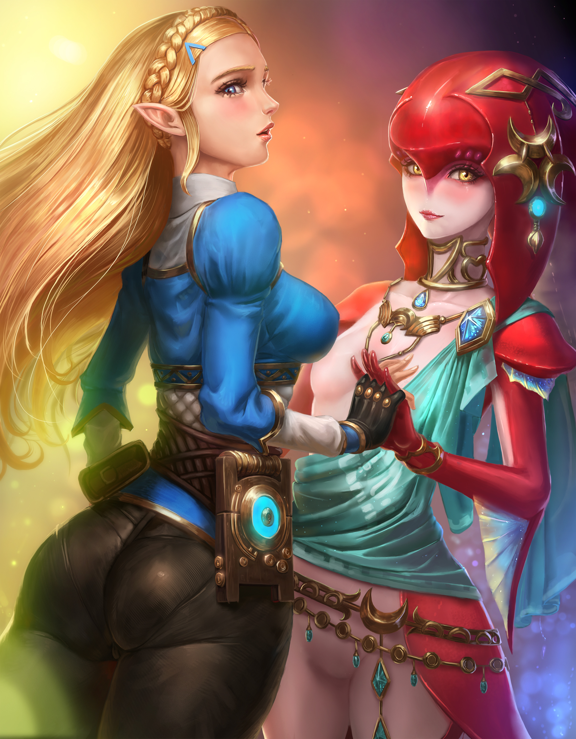 2girls, ass, blonde hair, blue eyes, breasts, breath of the wild, clothing, female, female only, hair ornament, high resolution, highres, holding hands, humanoid, interlocked fingers, limgae, looking at viewer, mipha, multiple females, multiple girls, nintendo, pointy ears, princess zelda, the legend of zelda, yellow eyes, zelda (breath of the wild), zora