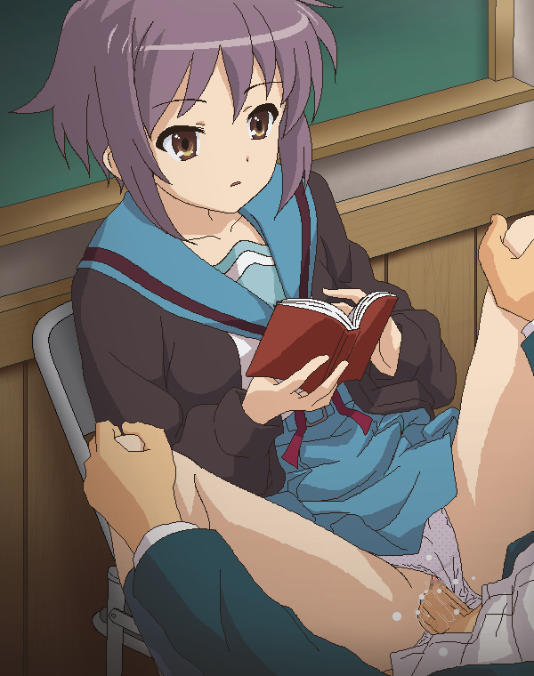 1boy blue_sailor_collar book brown_eyes censored clothed_sex expressionless female hands_on_another's_knees holding holding_book kita_high_school_uniform long_sleeves mosaic_censoring nagato_yuki panties panties_aside polka_dot polka_dot_panties purple_hair pussy sailor_collar school_uniform sex short_hair solo_focus straight suzumiya_haruhi_no_yuuutsu tomu_(tomubobu) underwear uninterested vaginal_penetration white_panties