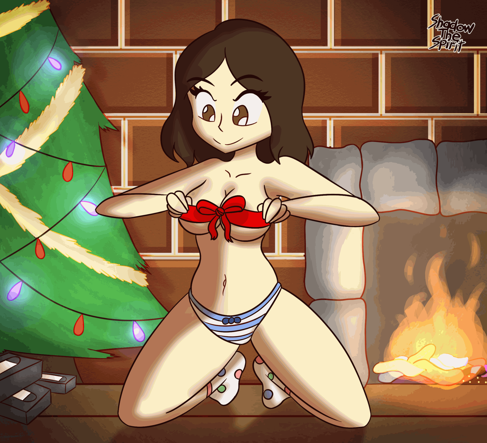 animated, bluethebone (character), breasts, christmas, clothing, female, female only, fireplace, original character, panties, ribbon, shadowthespirit, tagme