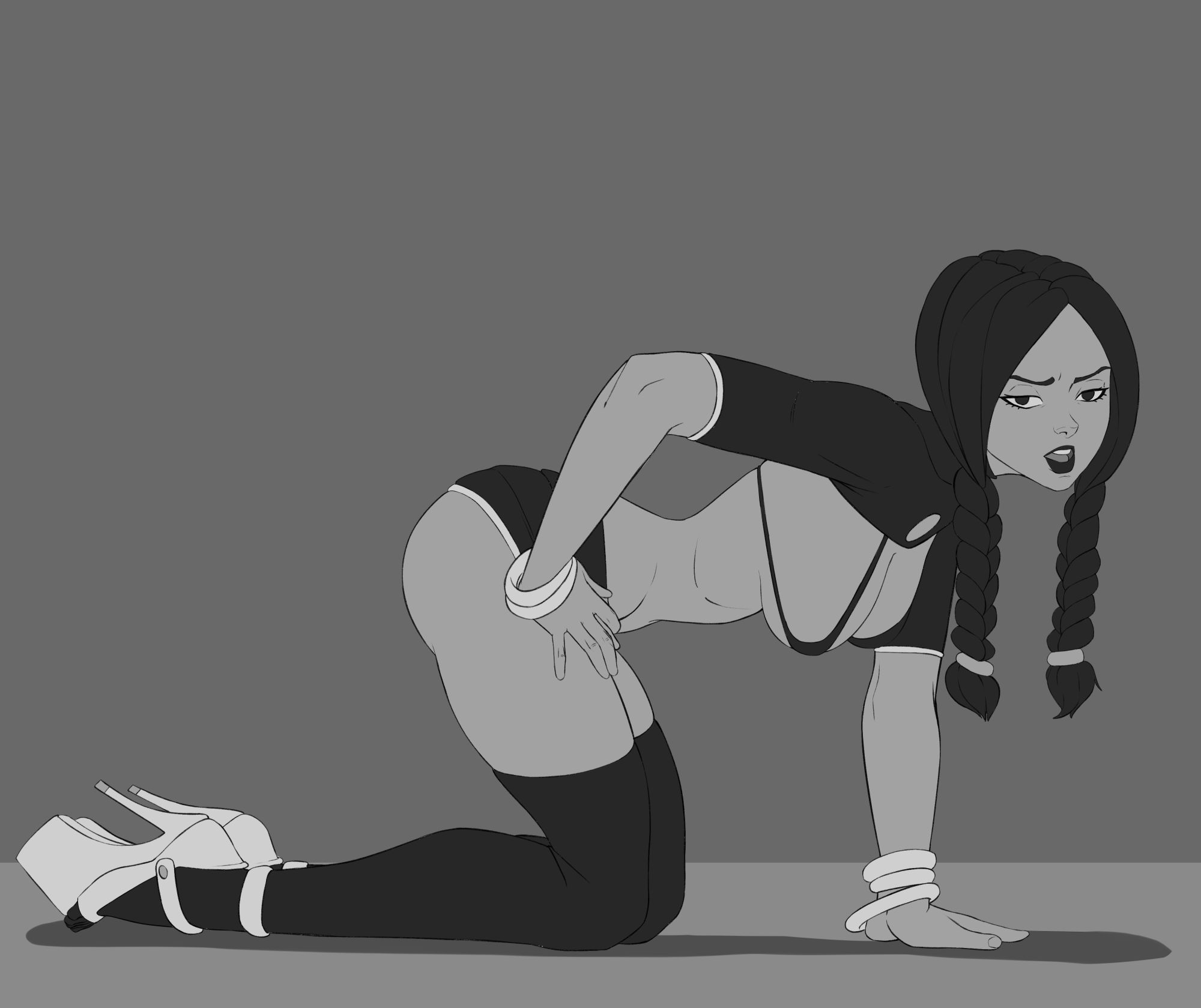 1girls, all fours, ass, athletic, big breasts, bimbo, black hair, black lipstick, bracelet, breasts, bubble ass, bubble butt, busty, cleavage, clothing, crop top, eyelashes, facial expression, female, female focus, female only, fit, fit female, goth, goth girl, hanging breasts, high heels, hourglass figure, human, human only, light skin, light-skinned female, lipstick, long hair, micro bikini, monochrome, on all fours, onemienix, pale skin, pale-skinned female, pinup, platform heels, pose, posing, short shorts, side view, sideboob, skinny, skinny female, sleeves rolled up, solo, tagme, the addams family, thighhighs, thin waist, tied hair, twin braids, wednesday addams