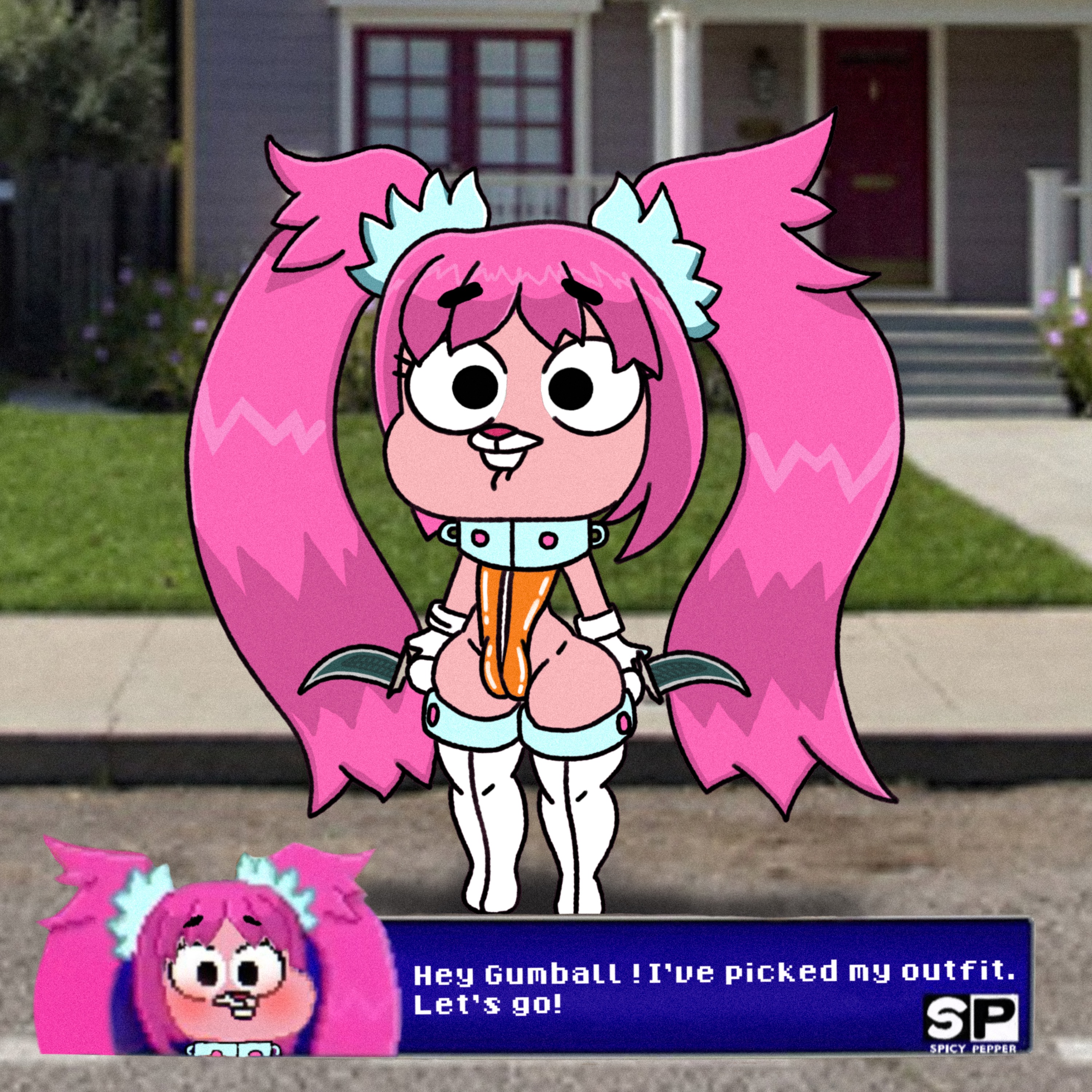 1girls, anais watterson, anthro, between labia, bigumbuttis, biting lip, blush, cartoon network, collar, cub, cute, dialogue, exhibitionism, female, furry, highleg leotard, innie pussy, long hair, pink fur, pink hair, pussy, rabbit, spicypepper, text, the amazing world of gumball, thick, thick thighs, thighhighs, twintails, young