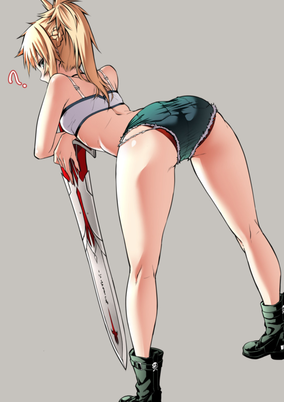 1girls, ass, blonde hair, booty shorts, breasts, denim, denim shorts, fate (series), fate/apocrypha, female, female only, medium breasts, mordred (fate), ponytail, shorts, solo