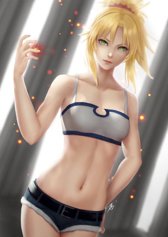 1girls, ass, blonde hair, booty shorts, breasts, denim, denim shorts, fate (series), fate/apocrypha, female, female only, medium breasts, mordred (fate), ponytail, shorts, solo
