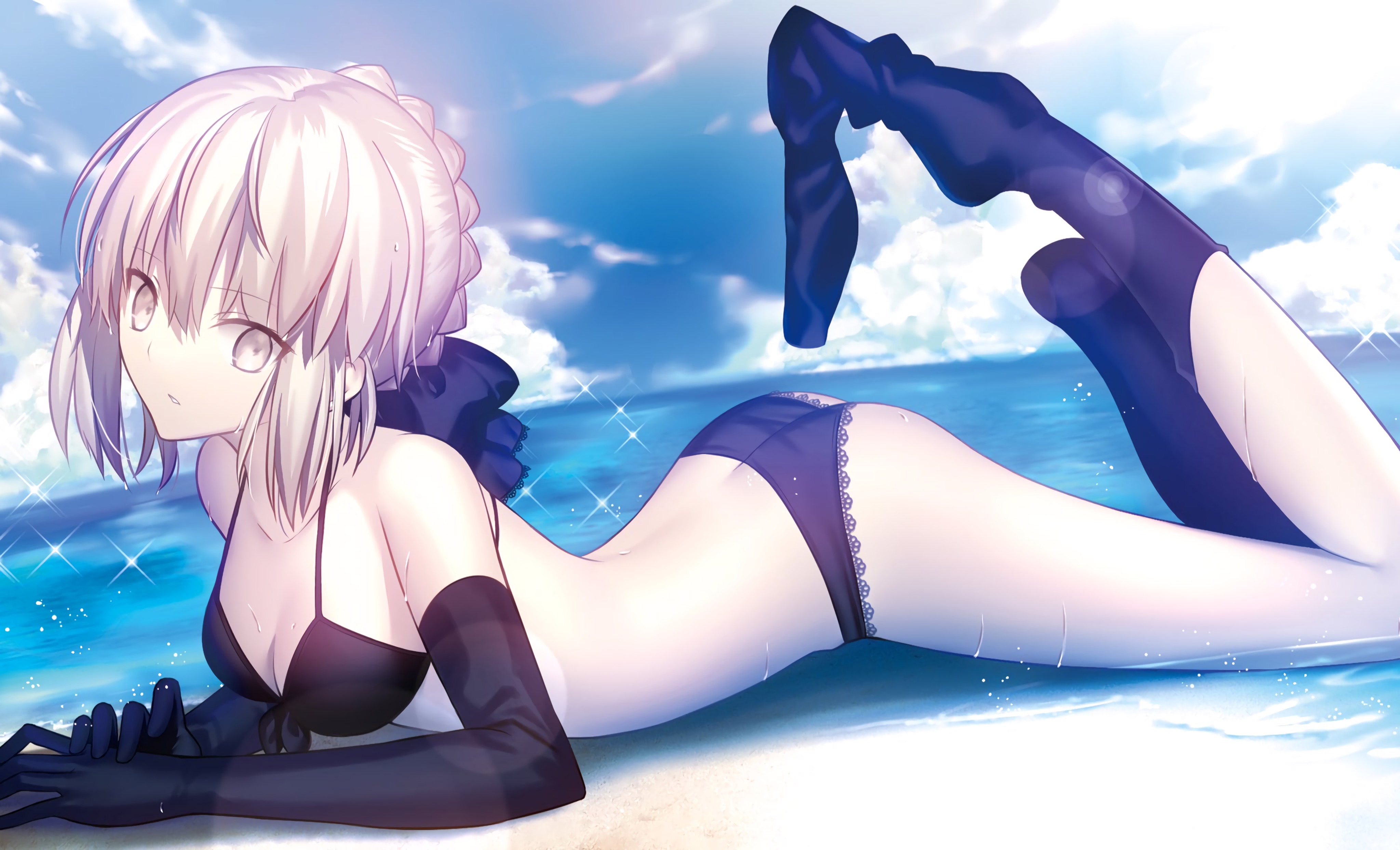 artoria pendragon, artoria pendragon (alter), artoria pendragon (swimsuit rider alter), beach, bikini, blonde hair, fate (series), fate/stay night, female, socks