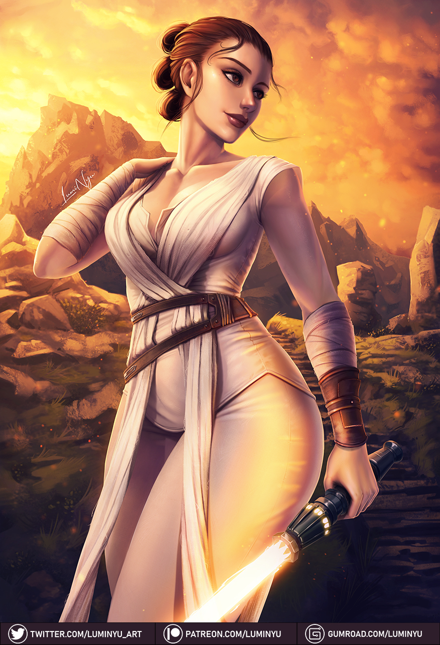 1girls, background, bandage, brown eyes, brown hair, cleavage, clothed, curvy, female, female focus, female only, jedi, jedi knight, jedi padawan, lightsaber, luminyu, rey, smile, smiling, solo, star wars, the rise of skywalker, yellow lightsaber