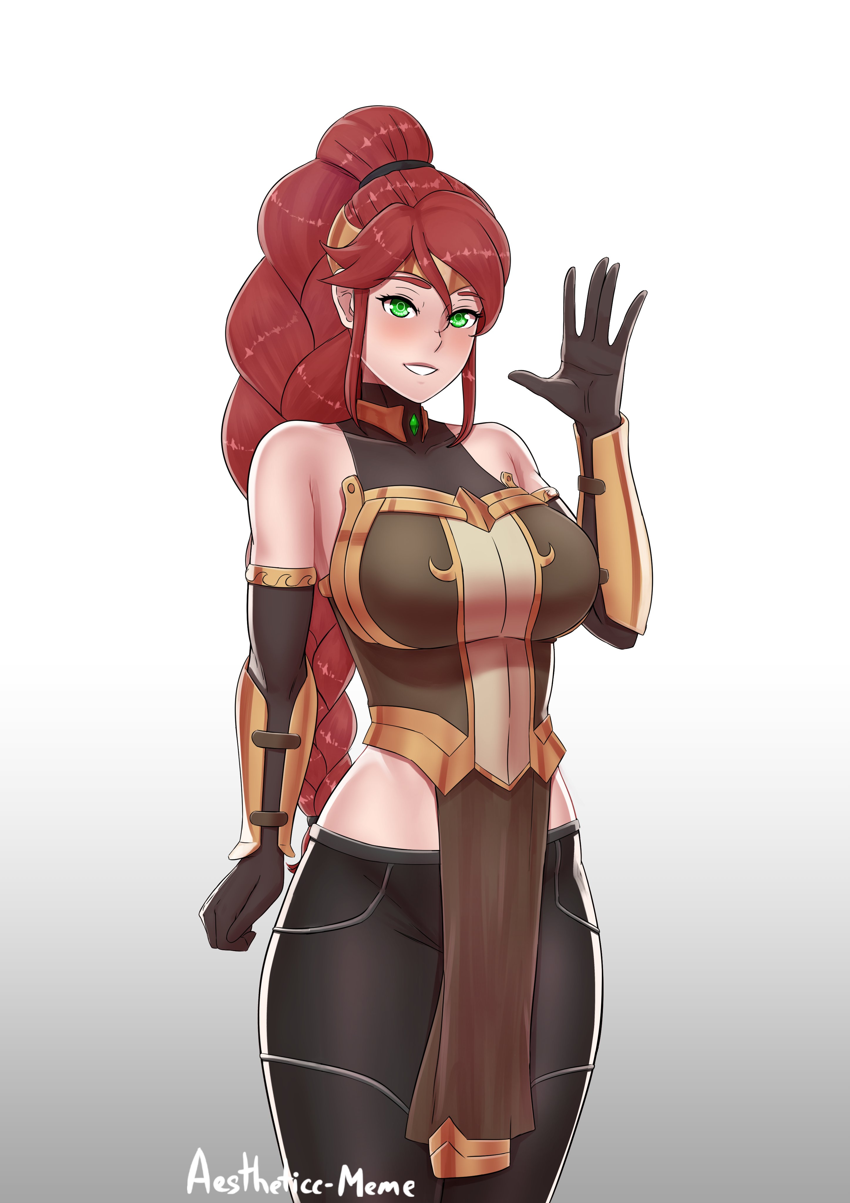 1girls, absurdres, aestheticc-meme, alternate costume, armor, armored corset, big breasts, blush, braid, braided hair, braided ponytail, breasts, circlet, cleavage, corset, elbow gloves, female, female only, gloves, high ponytail, highres, large breasts, looking at viewer, ponytail, pyrrha nikos, red hair, rwby, shiny eyes, shiny hair, shiny skin, solo, vambraces