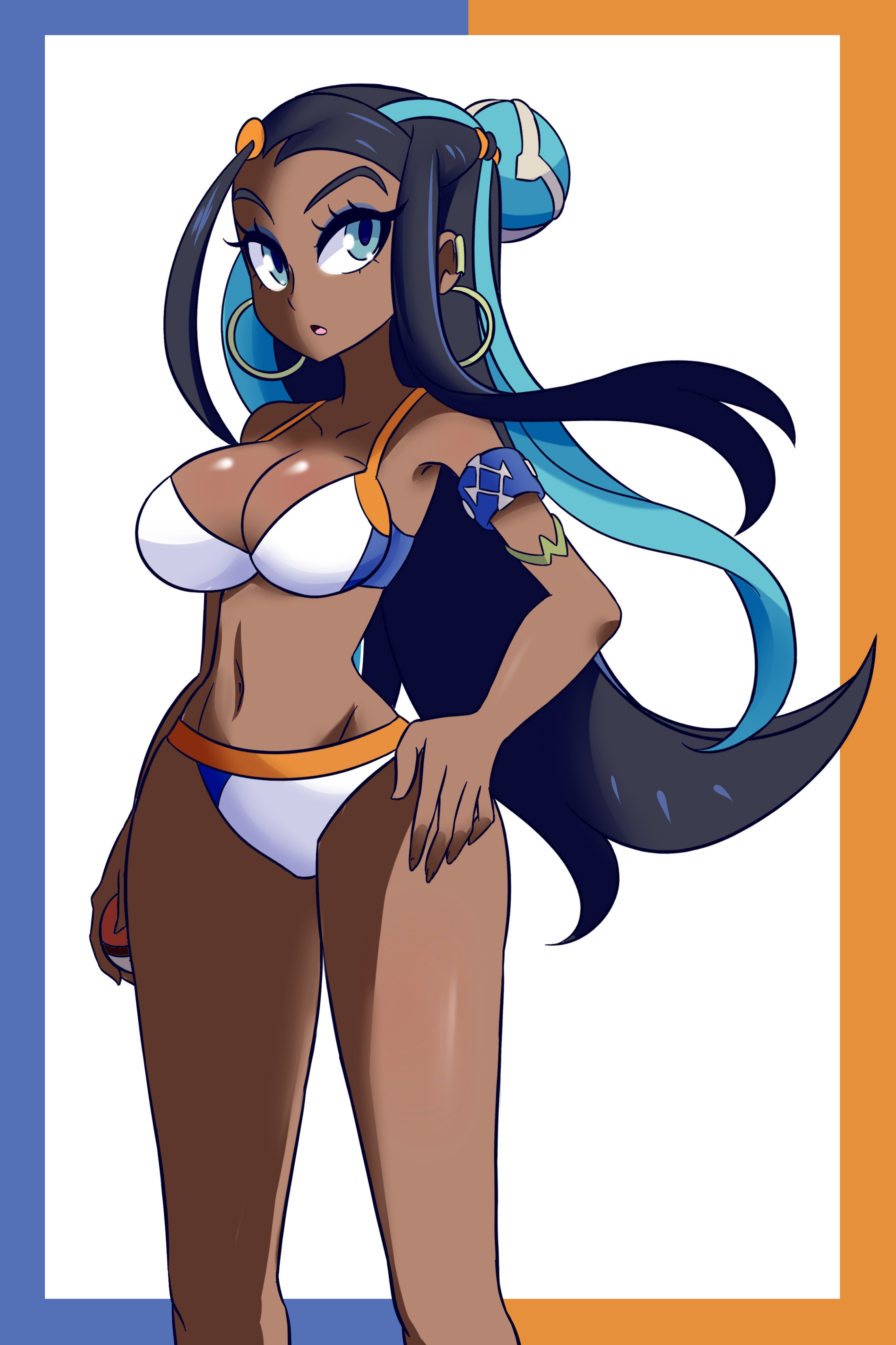 1girls, alternate breast size, alternate outfit, bikini, breasts, cleavage, clothed, dark skin, dark-skinned female, eye contact, female, female focus, female only, hair bun, human, human only, looking at viewer, lucyfercomic, nessa (pokemon), nintendo, perfect body, pokemon, pokemon ss, solo, thick thighs, thigh gap, thighs, wide hips