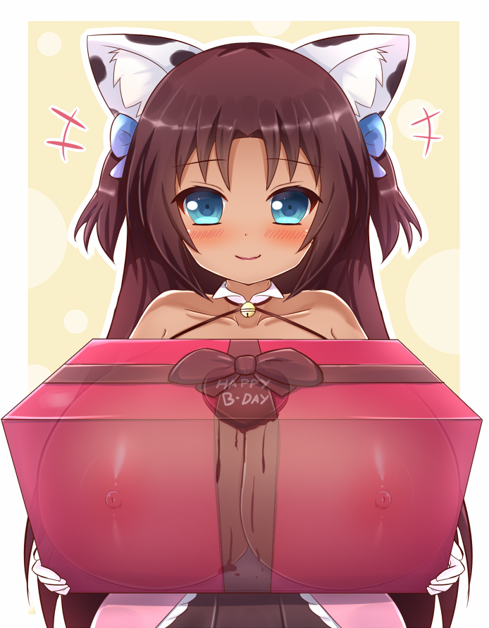 animal_print areolae bell blue_bow blue_eyes blush boobs_in_a_box bow breast_focus breasts brown_hair candy cat_girl chocolate chocolate_heart chocolate_on_breasts collar commission commissioner_upload cow_print dark_skin dress elbow_gloves english_text female female_focus food food_on_breasts gift gloves hair_ornament hairbow halterneck happy_birthday heart holding_gift huge_breasts incoming_gift kane-neko long_hair looking_at_viewer naomi_minette nipples original original_character pink_clothes pink_dress pov shiny shiny_hair shiny_skin shortstack smile solo standing topless transparent two_side_up upper_body white_clothes white_gloves wing_collar