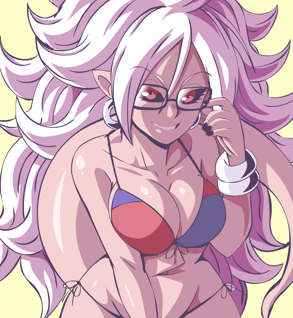 1girls, 2010s, android 21, belly button, big breasts, bikini, bikini bottom, bikini top, black nails, black sclera, bracelet, bracelets, breasts, cleavage, curvaceous, curvy, curvy figure, dark persona, dragon ball, dragon ball fighterz, earrings, female, female focus, female only, glasses, hips, hoop earrings, hourglass figure, humanoid, lewdamone, long hair, long tail, looking at viewer, majin, majin android 21, messy hair, midriff, navel, pink skin, pointy ears, red eyes, smile, solo, solo female, solo focus, string bikini, string panties, tail, thin waist, voluptuous, white hair, wide hips
