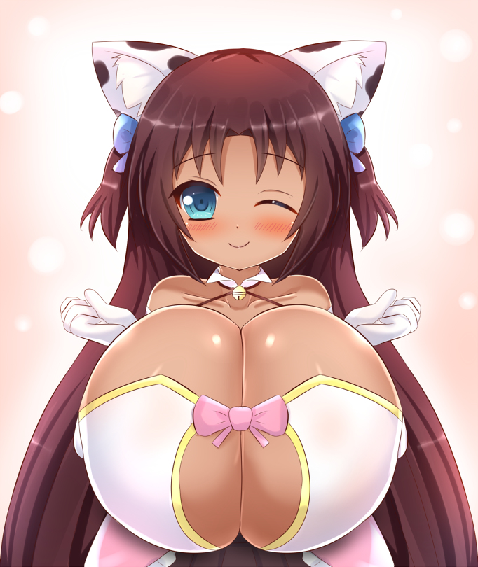 animal_print bare_shoulders bell blue_bow blue_eyes blush bow breast_focus breast_squeeze breasts brown_hair cat_girl cleavage cleavage_cutout collar commission commissioner_upload cow_print dark_skin dress elbow_gloves female female_focus gloves hair_ornament hairbow halterneck huge_breasts kane-neko long_hair looking_at_viewer naomi_minette one_eye_closed original original_character pink_bow pink_clothes pink_dress pov shiny shiny_hair shiny_skin shortstack smile solo standing tight two_side_up upper_body white_clothes white_gloves wing_collar wink