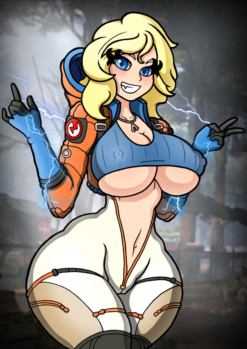 apex legends, artist request, blonde hair, blush, female, looking at viewer, nipples visible through clothing, posing, smile, smiling at viewer, tagme, wattson (apex legends), wide hips