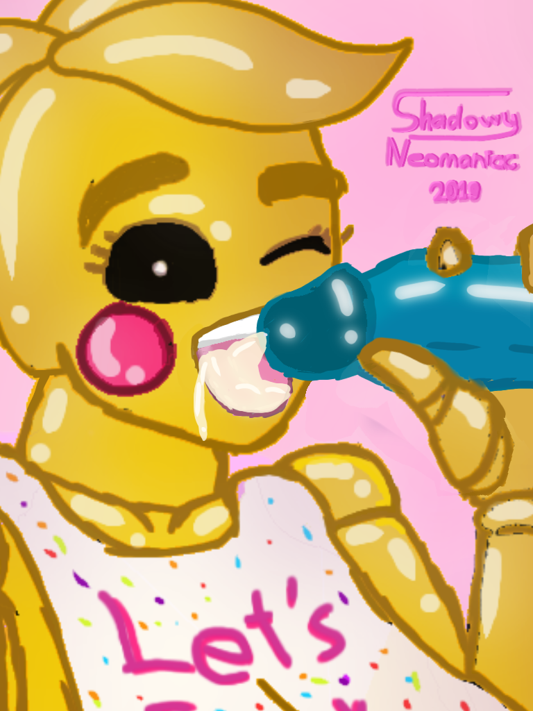 anthro bib big_breasts blue blush cum cum_in_mouth cum_inside cumming dripping_cum five_nights_at_freddy's handjob licking penis pink shadowy_neomaniac shiny shiny_penis shiny_skin toy_bonnie_(fnaf) toy_chica_(fnaf) winking yellow