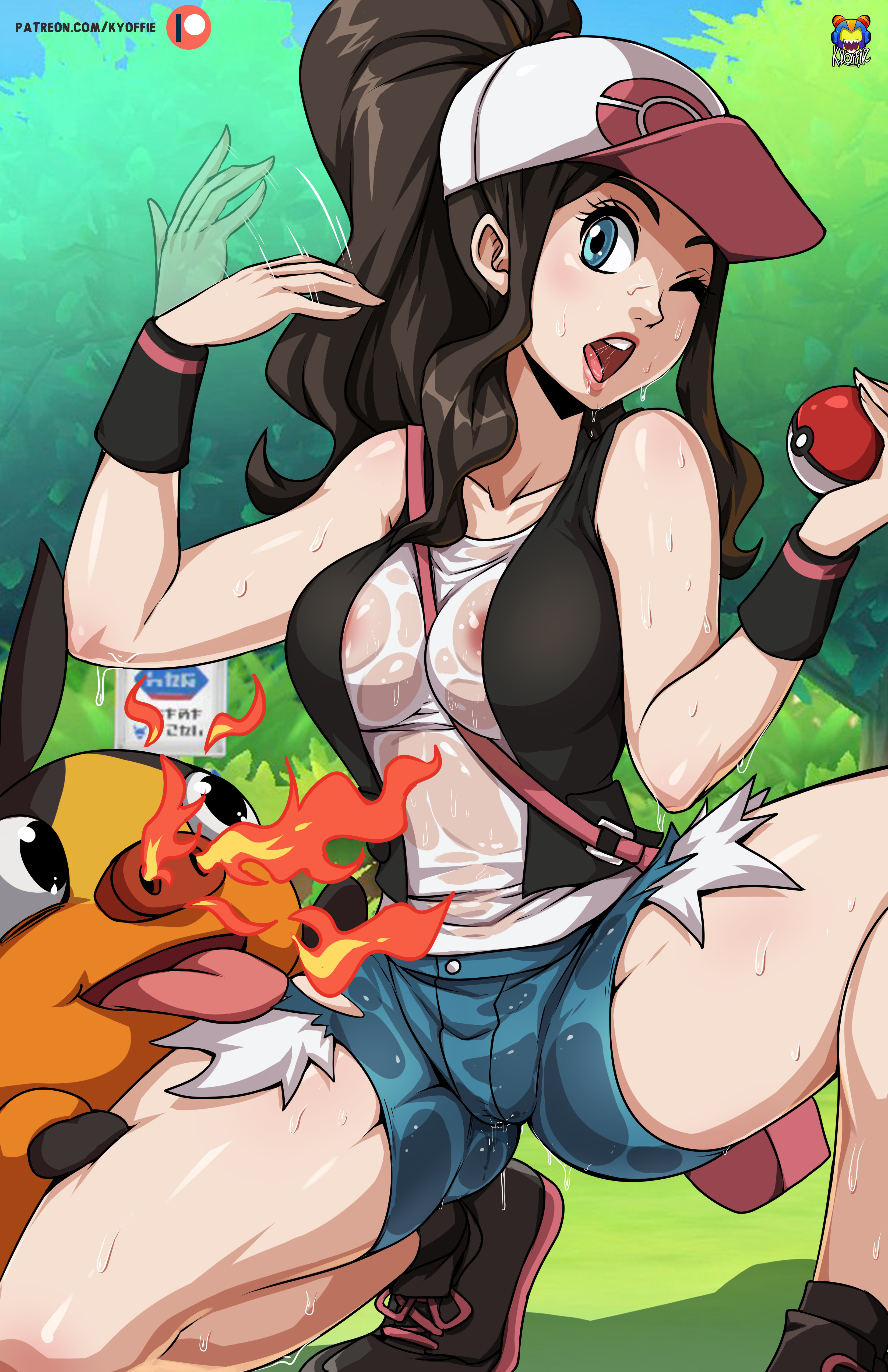 boots, female, hilda (pokemon), kyoffie, laced boots, nintendo, pokemon, pokemon bw, pokephilia, shorts, tank top, tepig