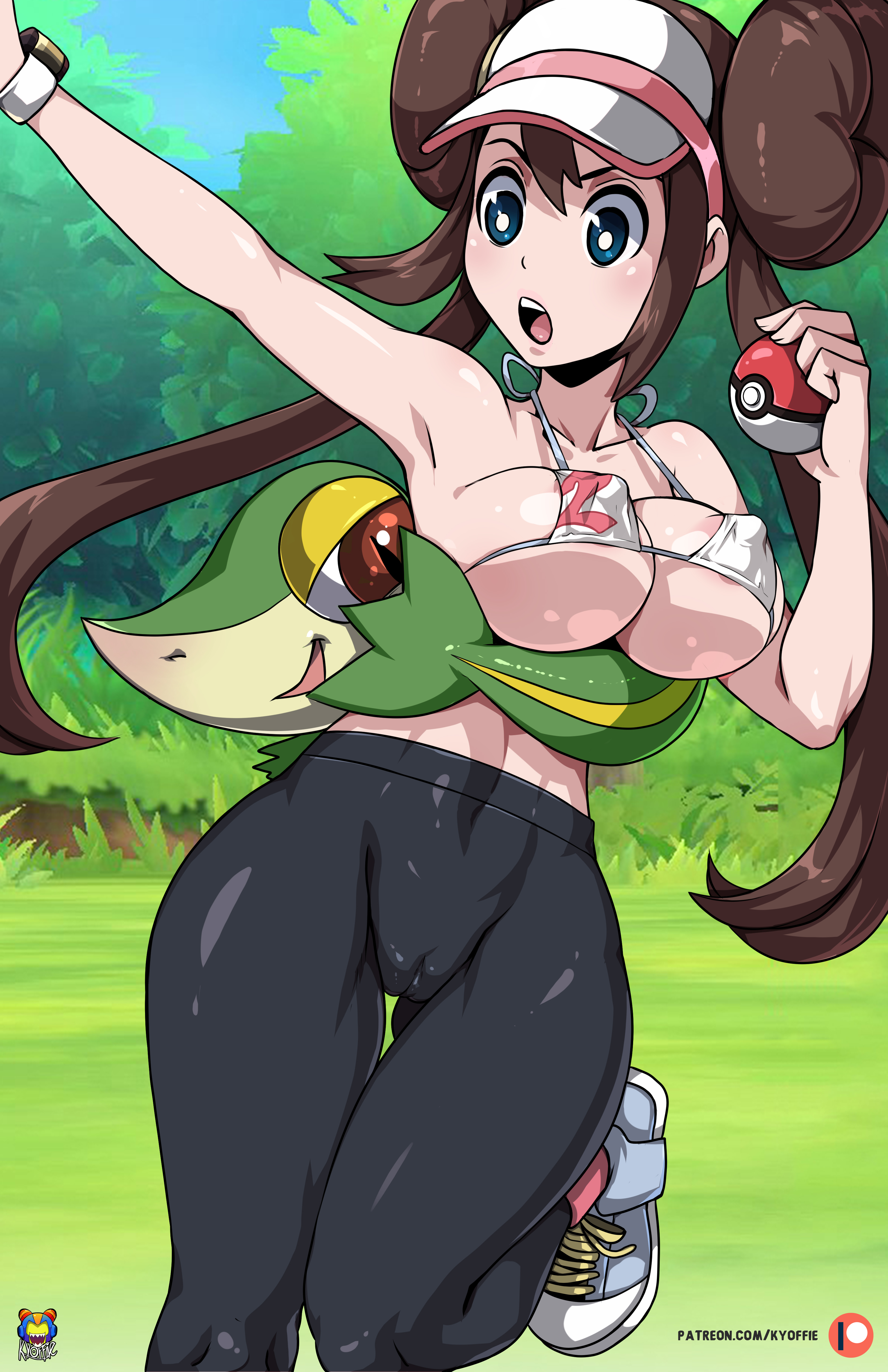 1girls, abs, bikini top, female, human, kyoffie, nintendo, pokemon, pokemon (species), pokemon bw, pokemon bw2, pokephilia, rosa (pokemon), snivy, twintails