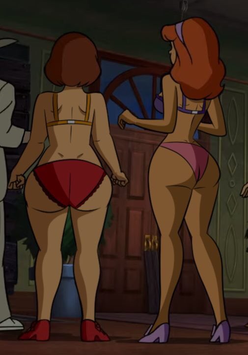 2girls, accurate art style, ass, bra, brown hair, daphne blake, duo, edit, edited, female, female only, hanna-barbera, high heels, legs, lingerie, panties, red hair, scobionicle99, scooby-doo, screencap, screenshot, screenshot edit, shoes, short hair, velma dinkley, wide hips