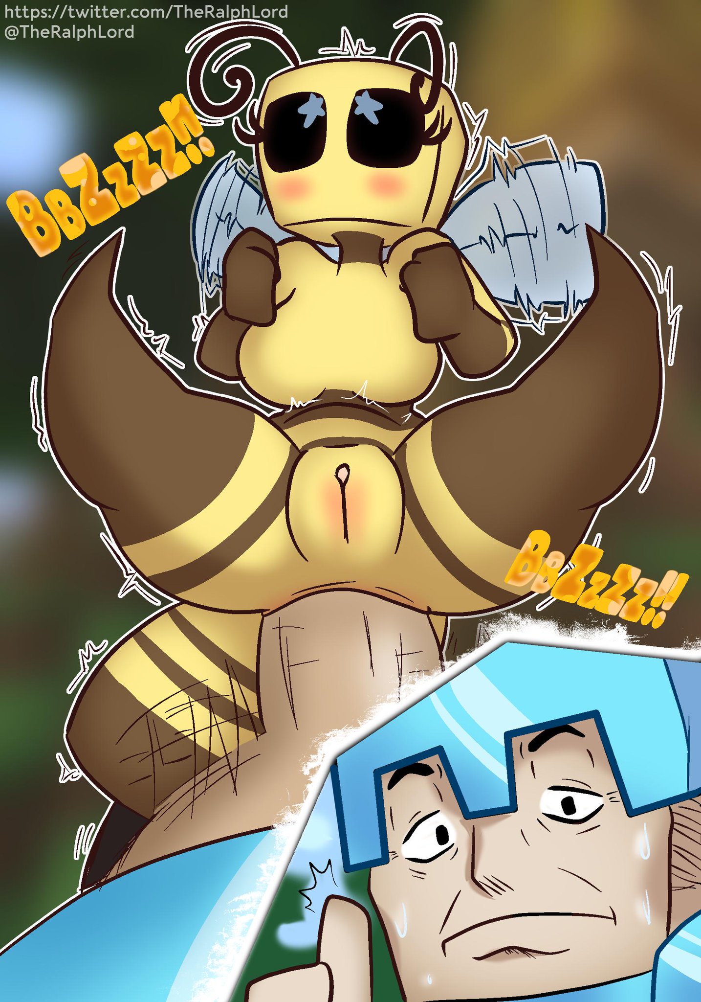 1girls, anal, anal sex, antennae, anus, bee, bee (minecraft), blush, female, flying, minecraft, presenting butthole, ralphlord, shaking, steve (minecraft), stinger, sweat, wings