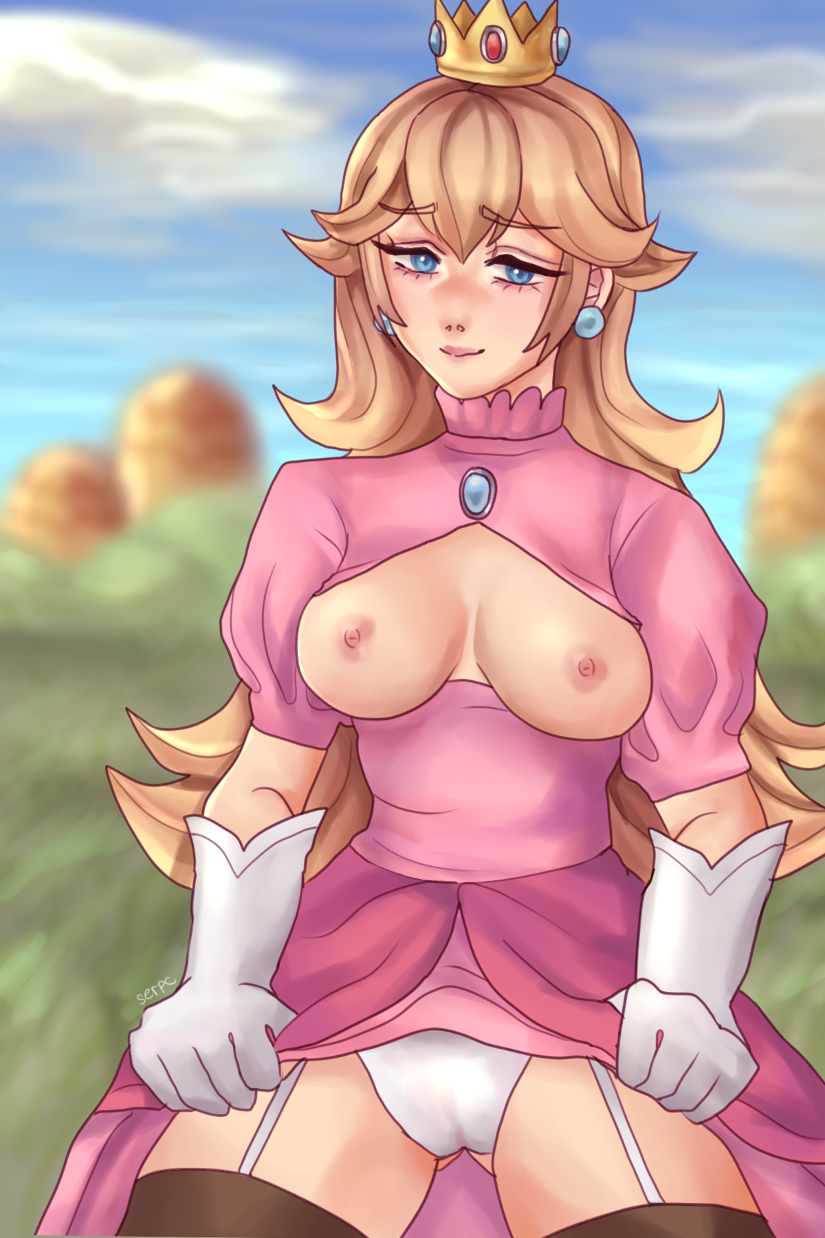 blonde hair, blue eyes, breasts, crown, cutout, dress, dress lift, female, gloves, mario (series), medium breasts, nintendo, nipples, panties, princess, princess peach, serpc, showing, shy, solo, stockings, super mario bros., super smash bros., underwear, white panties