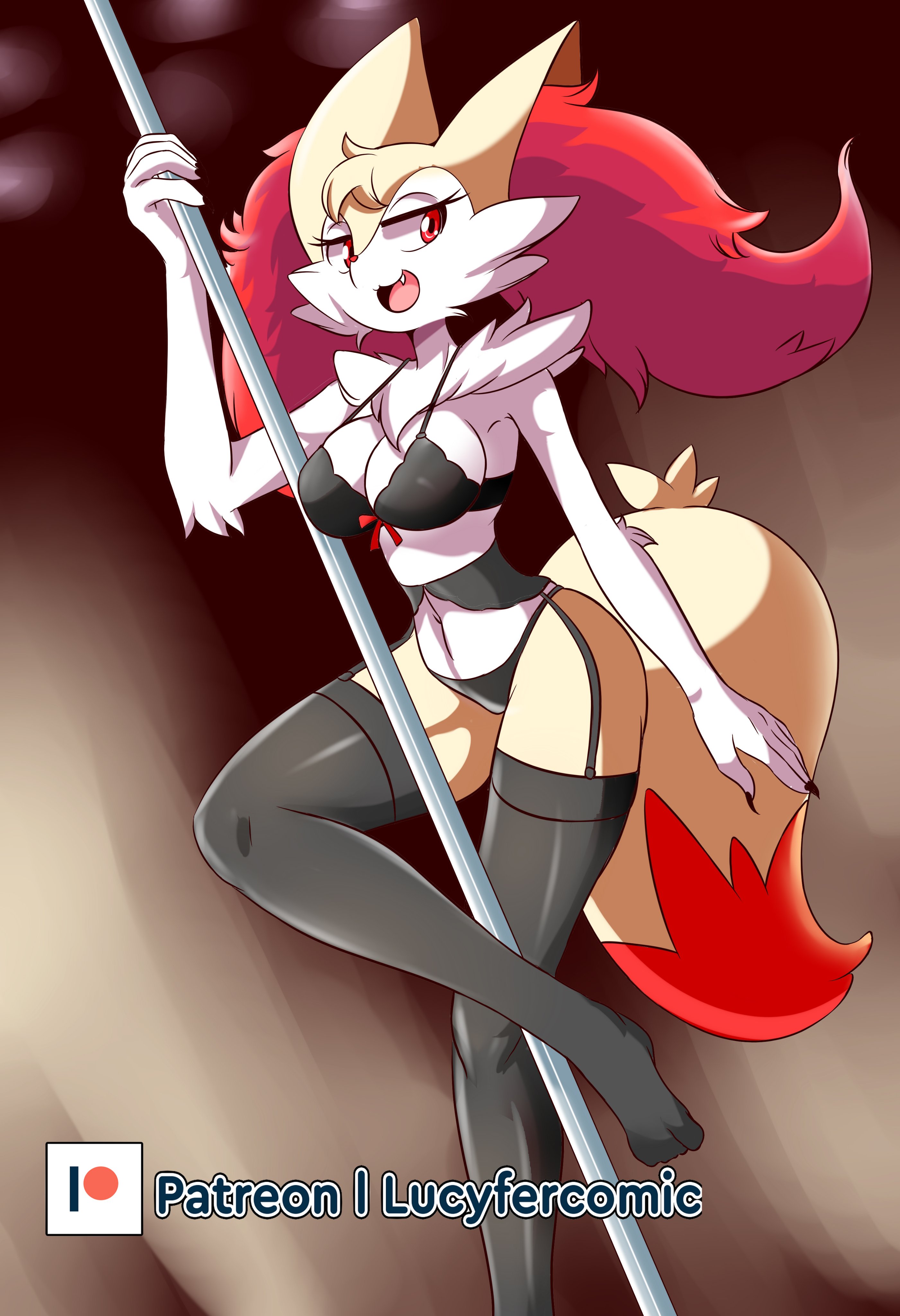 1girls, anthro, bra, braixen, bray (lucyfercomic), female, garter belt, garter straps, lucyfercomic, nintendo, original character, patreon, pokémon (species), pokemon, pokemon (species), pokemon xy, stripper pole, thighhighs