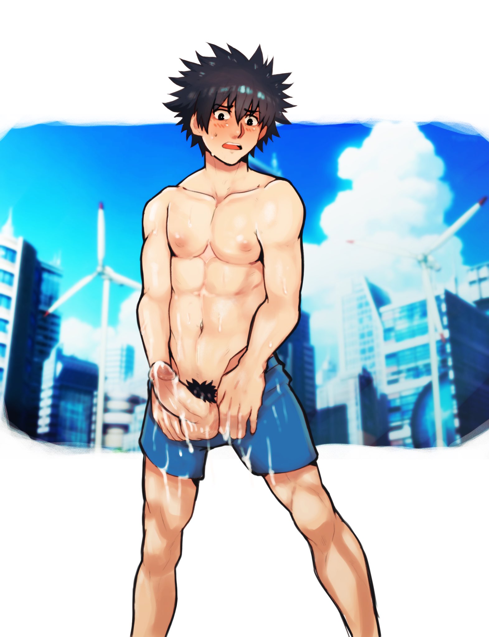 1boy, black hair, blush, city background, clothing, cum, cum on clothes, cum on penis, cumshot, half-closed eyes, kamijou touma, male, male only, muscles, muscular, nipples, penis, pubic hair, robokeh, shirtless, short hair, shorts, shorts pull, sportswear, to aru kagaku no railgun, to aru majutsu no index, yaoi