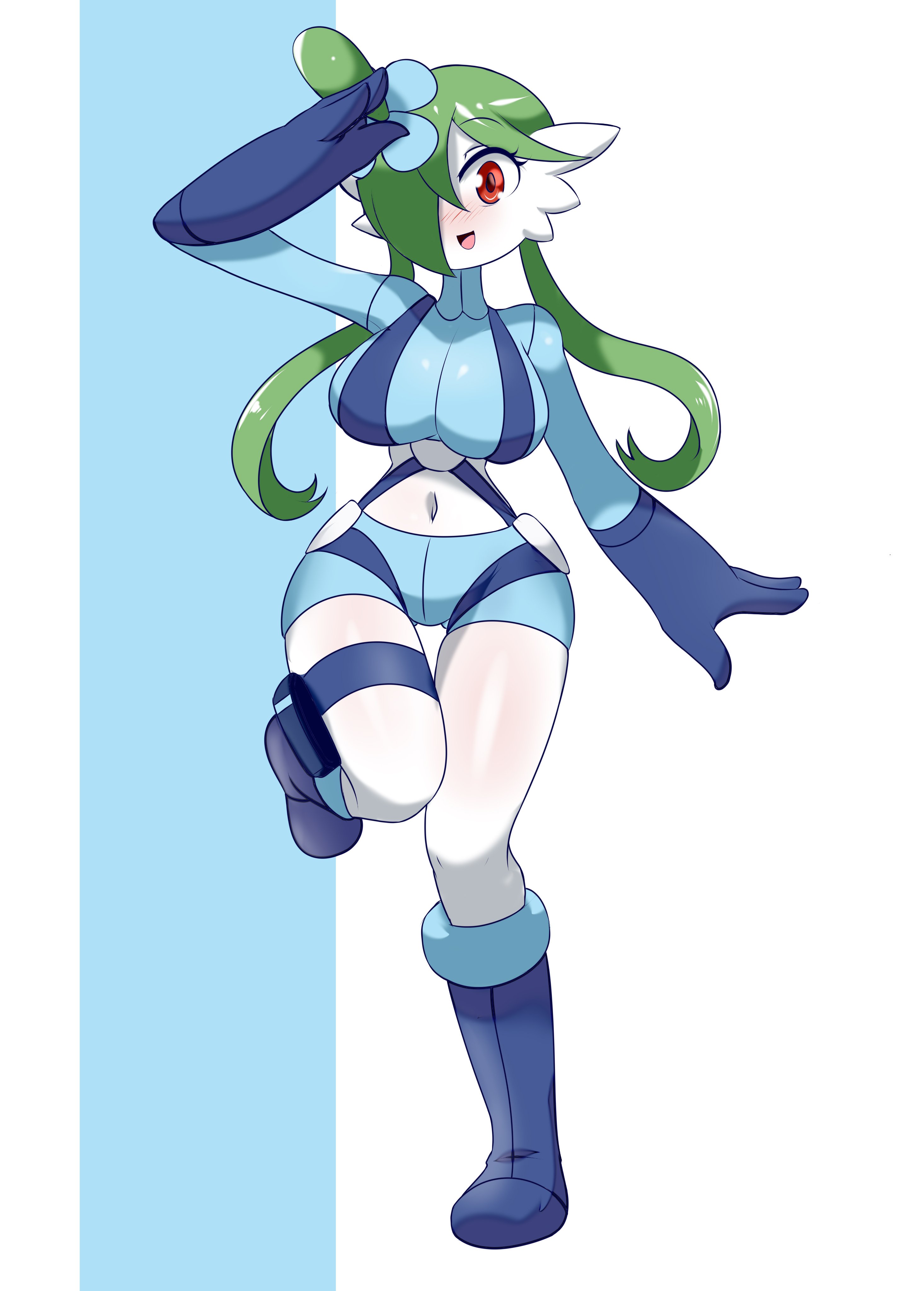 1girls, anthro, blue boots, blue gloves, boots, breasts, clothed, cosplay, cosplay gardevoir, eye contact, female, gardevoir, gloves, hair ornament, looking at viewer, lucyfercomic, nintendo, pokémon (species), pokemon, pokemon (species), pokemon bw, pokemon rse, skyla (pokemon), solo, thick thighs, thigh gap, wide hips