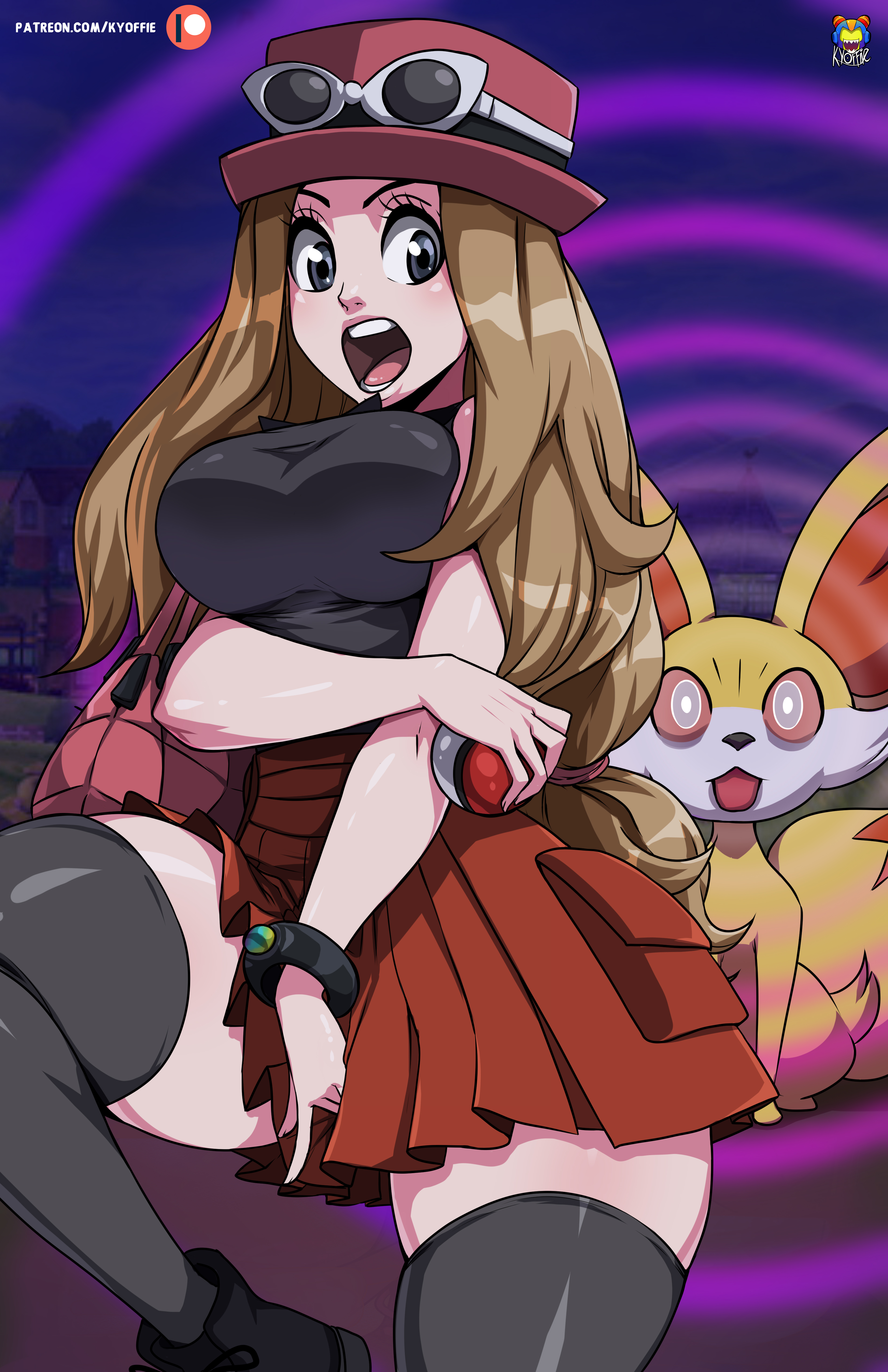 1girls, blonde hair, breasts, female, fennekin, hand between legs, huge breasts, human, kyoffie, mega ring, nintendo, pokeball, pokemon, pokemon (species), pokemon xy, pokephilia, red skirt, serena (pokemon games), serena (pokemon), skirt, skirt pull, surprised, thick thighs