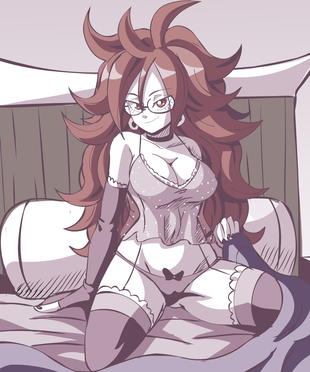 1girls, android 21, android 21 (human), arm gloves, armwear, babydoll, bed, bed covers, bed sheet, bed sheets, bedroom, bedroom eyes, bedsheets, belly button, big breasts, black nails, blue eyes, bow panties, breasts, brown eyes, brown hair, choker, cleavage, come hither, curvaceous, curvy, curvy figure, dragon ball, dragon ball fighterz, female, female only, fingerless arm sleeves, fingerless elbow gloves, fingerless gloves, glasses, headboard, hips, hourglass figure, imminent sex, lace, lace-trimmed gloves, lace-trimmed legwear, lace-trimmed thighhighs, lewdamone, lingerie, long hair, messy hair, navel, negligee, panties, seductive, seductive look, seductive smile, shounen jump, smile, solo, solo female, solo focus, stockings, tease, teasing, thick thighs, thighhighs, thighs, voluptuous, wide hips