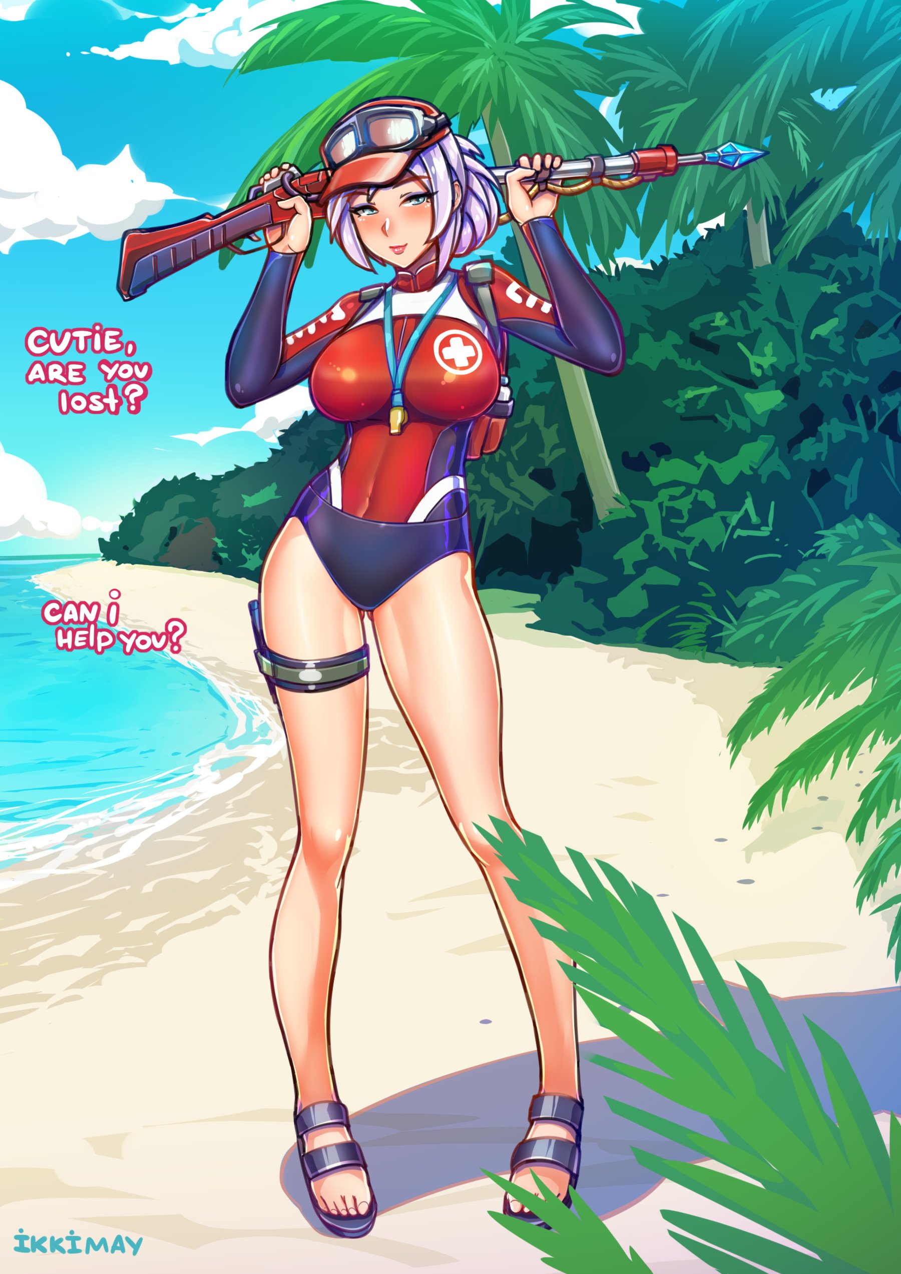 1girls, beach, big breasts, blue eyes, breasts, feet, female, hi-rez studios, ikkimay, lian (paladins), paladins, sandals, seductive look, shore patrol (paladins), shore patrol lian, swimsuit, weapon, white hair