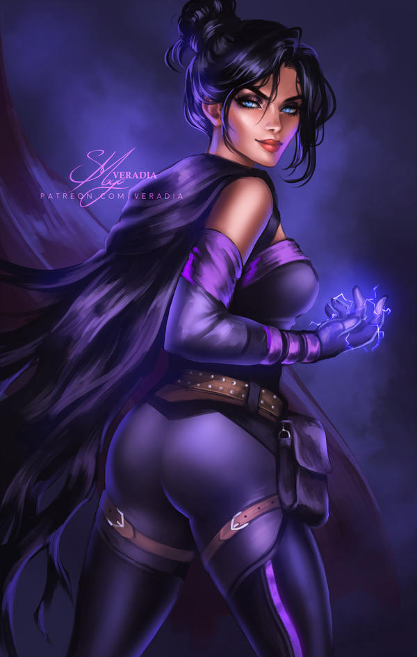 2d apex_legends ass belt black_hair blue_eyes bodysuit dat_ass facing_viewer pawg pinup purple_outfit safe scarf side_boob turned_away veradia wraith_(apex_legends)