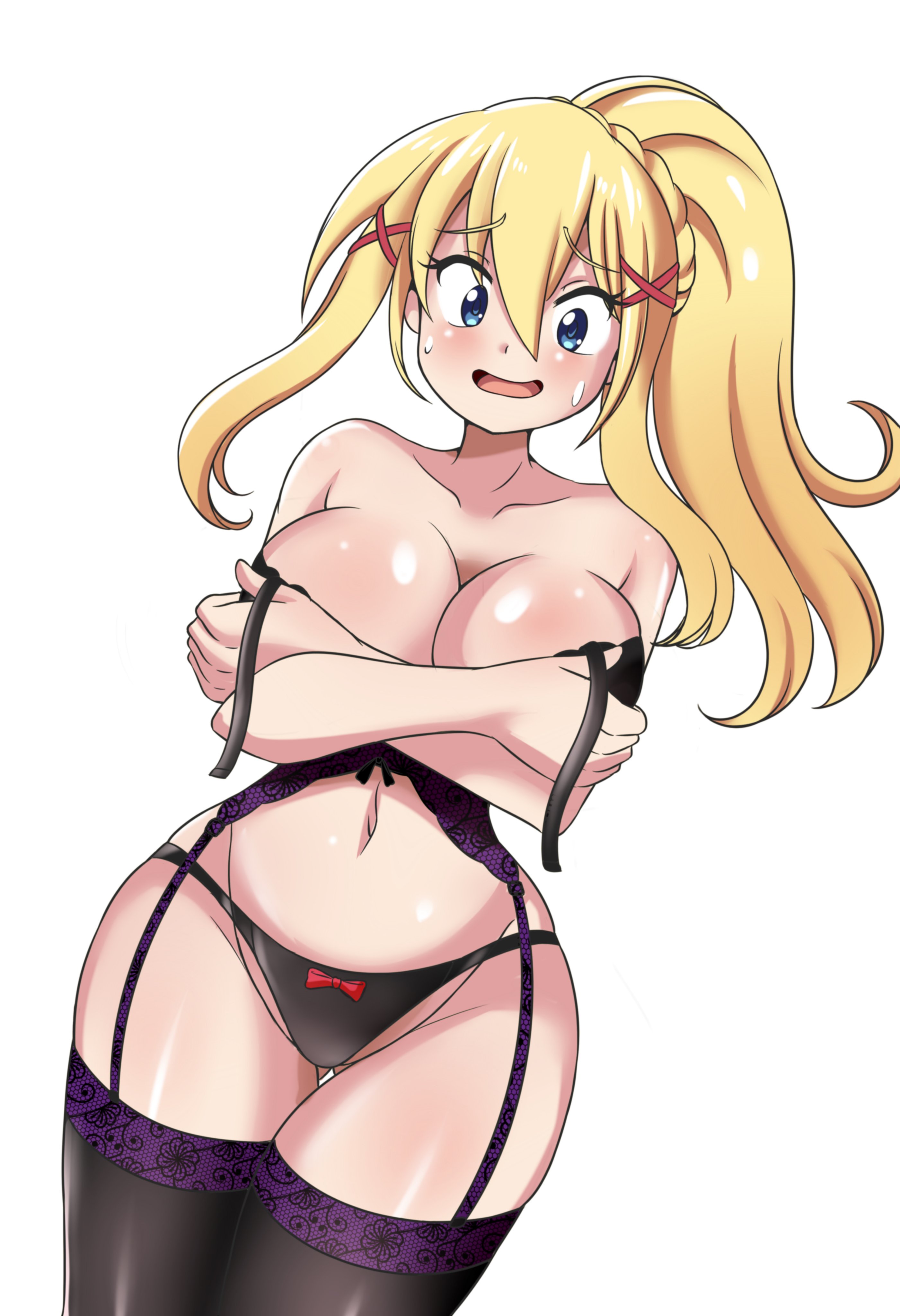 1girls, big breasts, blonde hair, breasts, darkness (konosuba), female, kono subarashii sekai ni shukufuku wo!, lingerie, lucyfercomic, navel, panties, ponytail, solo, sweat, tagme, thighhighs, white background