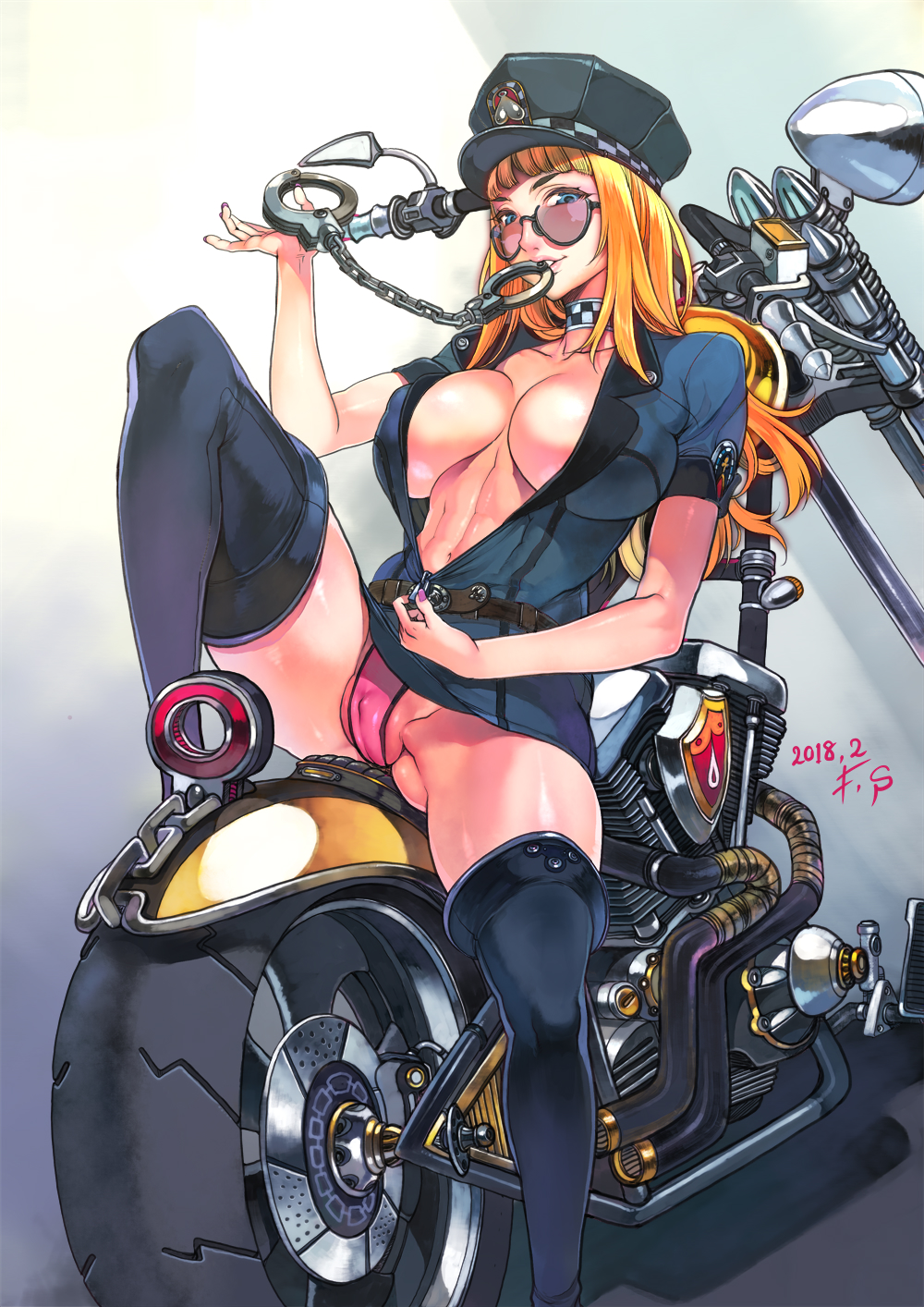 2018, abs, aviator sunglasses, belt, blonde hair, blue eyes, boots, breasts, cameltoe, choker, collarbone, cuffs, dated, erect nipples, f.s., female, female only, glasses, ground vehicle, handcuffs, highres, large breasts, long hair, looking over eyewear, looking over glasses, motor vehicle, motorcycle, mouth hold, navel, nipples, no bra, original, police, police uniform, policewoman, pussy, sitting, solo, spread legs, sunglasses, thigh boots, thighhighs, thighs, tinted eyewear, undressing, uniform, unzipped, unzipping