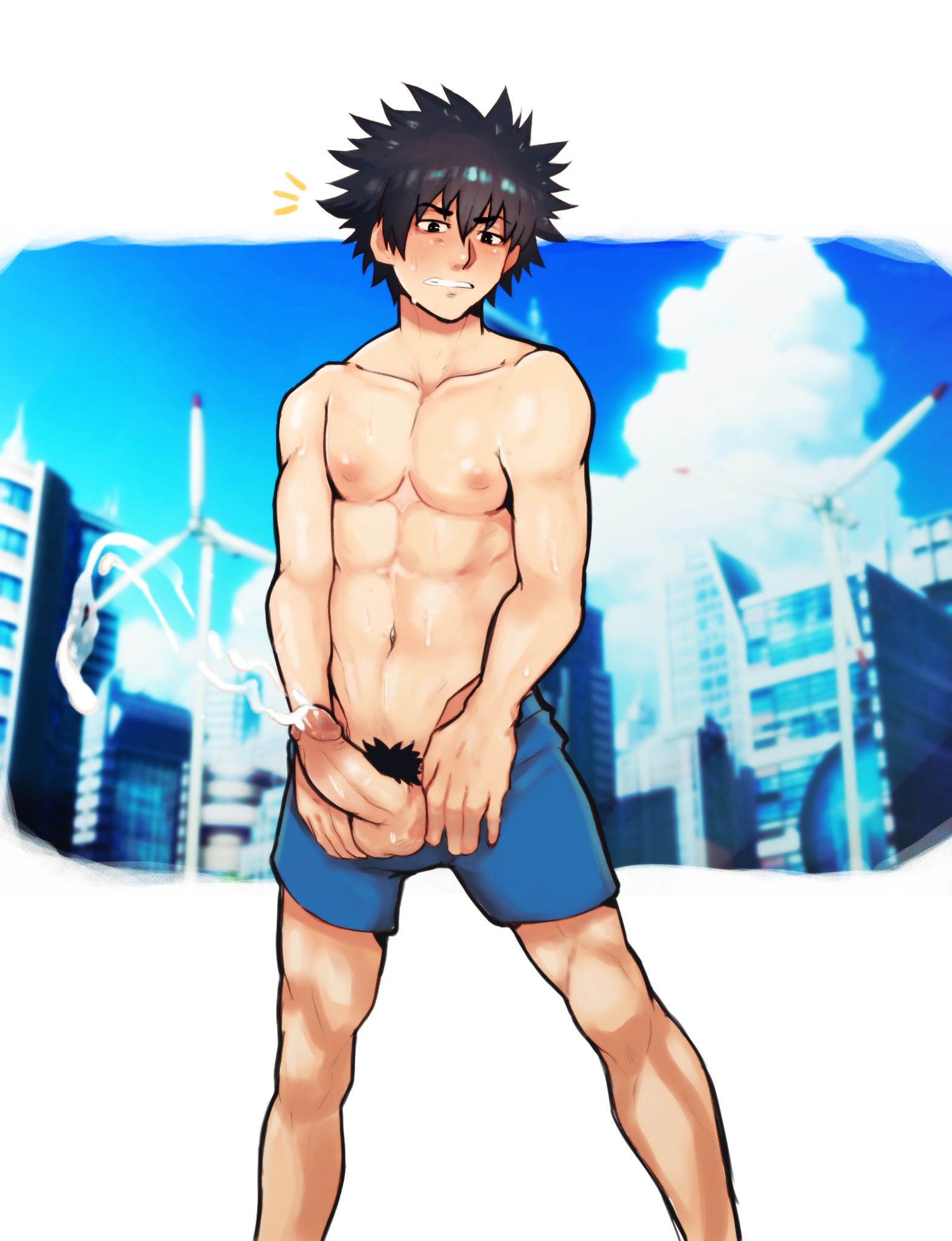 1boy, black hair, blush, city background, cum, cum on clothes, cum on penis, cumshot, half-closed eyes, kamijou touma, male, male only, muscles, muscular, nipples, penis, pubic hair, robokeh, shirtless, short hair, shorts, shorts pull, sportswear, to aru majutsu no index, yaoi