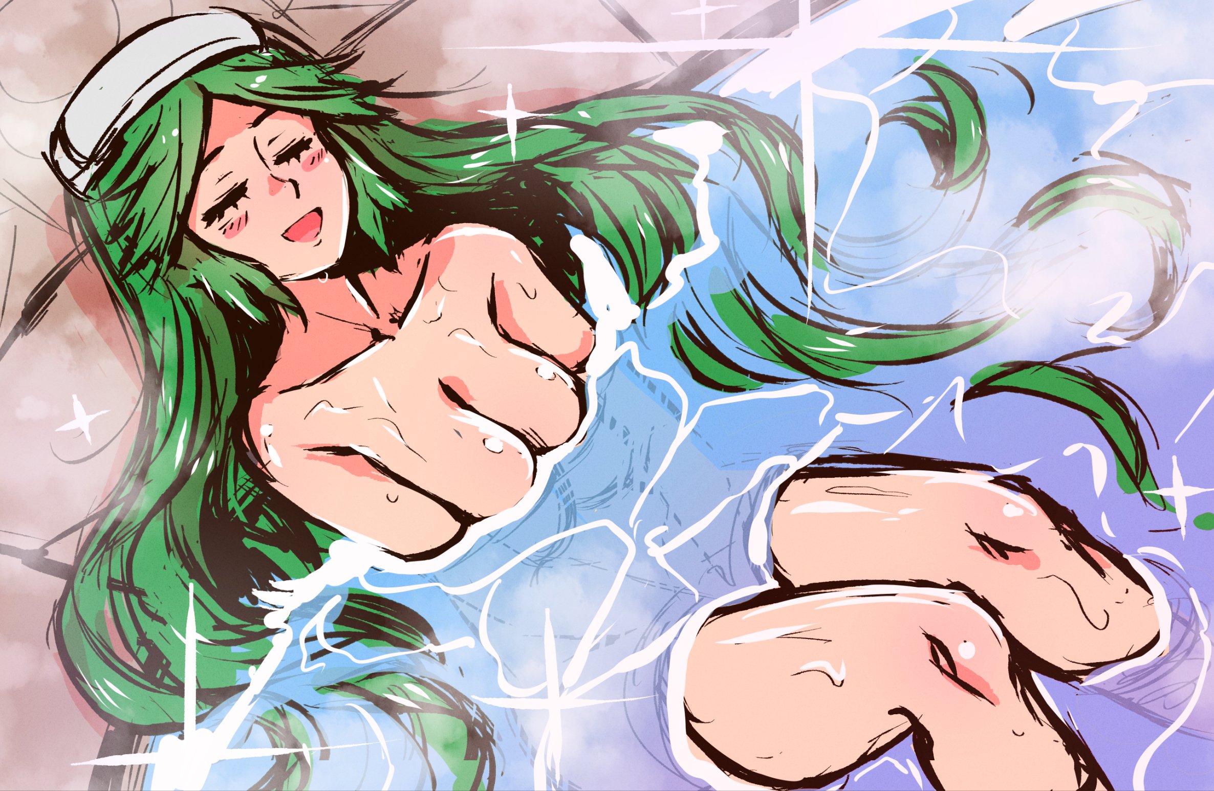1girls, akairiot, bath, breasts, convenient censoring, female, green hair, hot spring, kid icarus, nintendo, nude, palutena, tagme