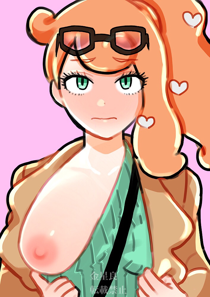 1girls, breasts, clothing, eye contact, female, flashing, glasses, glasses on head, human, human only, looking at viewer, nintendo, one breast out, orange hair, pokemon, pokemon ss, ponytail, side ponytail, solo, sonia (pokemon), text, watermark, white