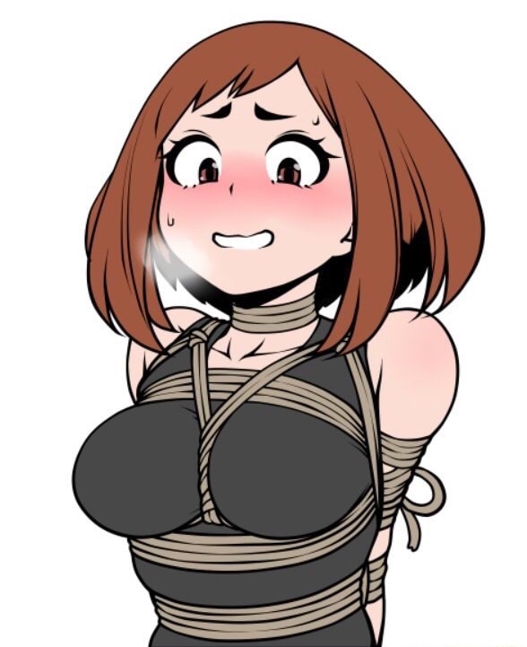 black_tank_top blush bondage breasts brown_hair femsub jam-orbital looking_at_viewer my_hero_academia ochako_uraraka rope rope_bondage suggestive tied_up