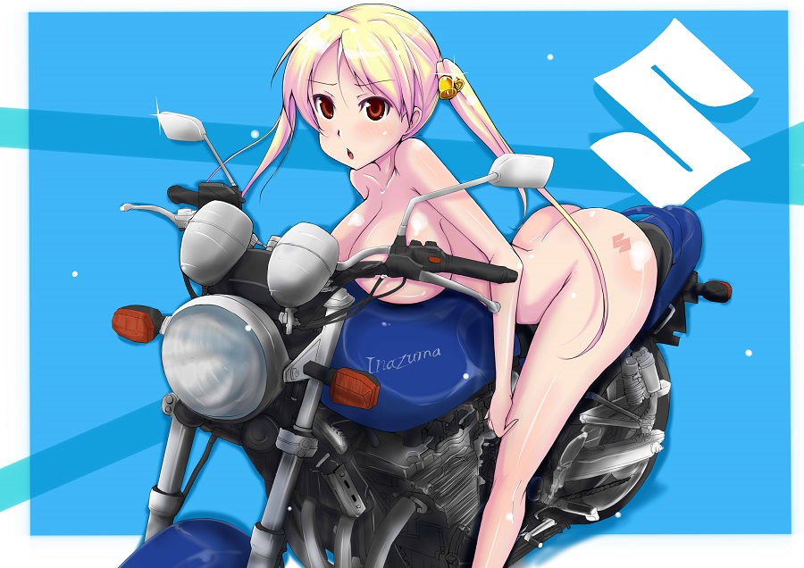 bakuon!! blonde_hair blue_background blush breasts brown_eyes covered_nipples eyebrows_visible_through_hair female jiseki motorcycle nude open_mouth solo suzunoki_rin tattoo twintails