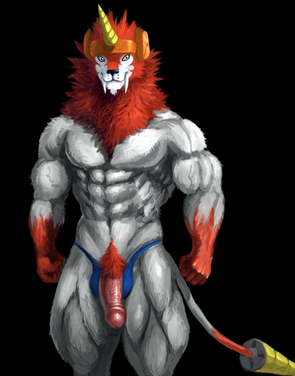 clothed clothing digimon digimon_(species) dorulumon fangs hi_res horn humanoid_penis kruger0 male male_only muscular navel penis pubes solo topless underwear