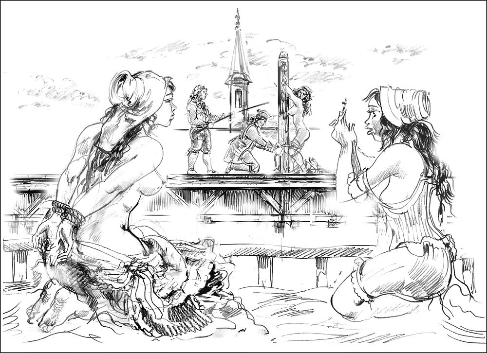 3girls bondage breasts clothed_male_nude_female female femsub kindinov kneeling monochrome multiple_females multiple_subs nipples public_nudity punishment rough_sketch whipping