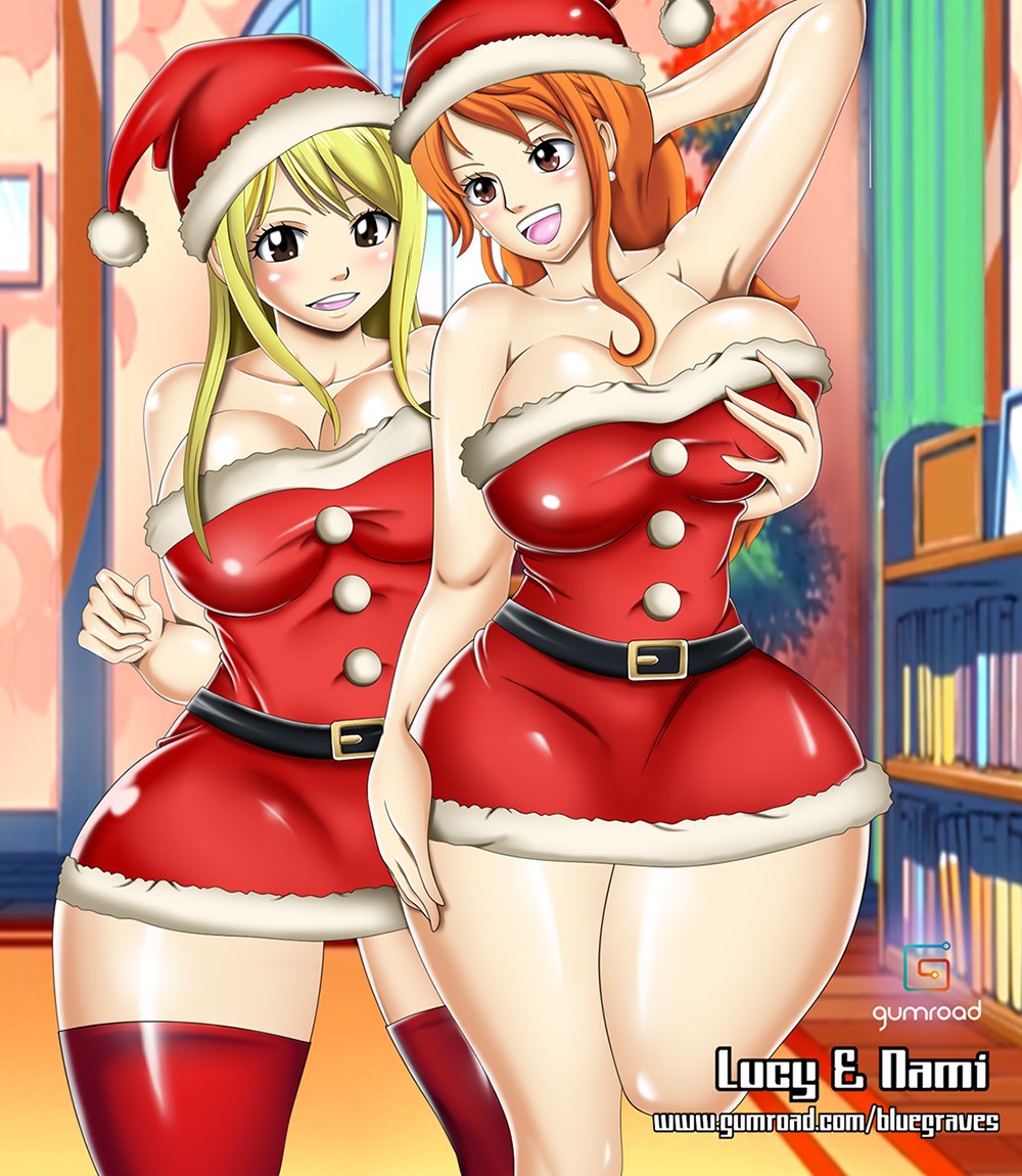 2girls big_breasts blonde_hair bluegraves breasts brown_eyes censored christmas christmas_outfit costume crossover curvy dress fairy_tail female female_only grope groping huge_breasts leggings legs lucy_heartfilia nami one_piece orange_hair post-timeskip revealing_clothes santa_costume santa_hat shounen_jump smile thick thick_thighs thighhighs thighs voluptuous wide_hips yuri